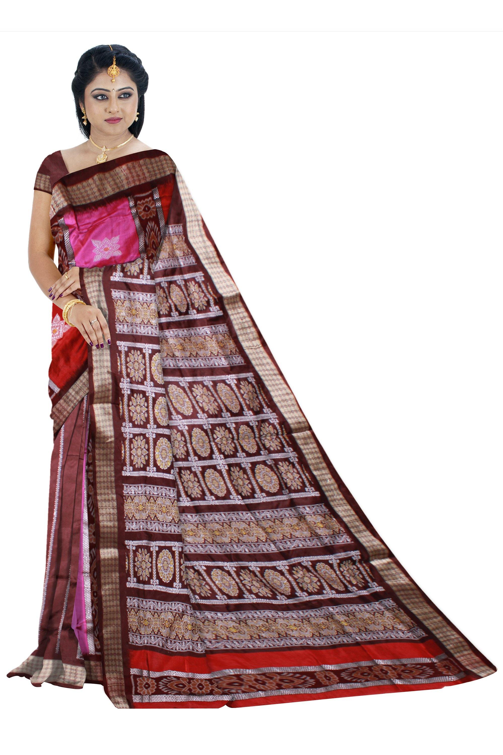 Exclusive sambalpuri Barpali pata Saree in PINK & MAROON color body in Bomkei Pattern (with Blouse Piece) - Koshali Arts & Crafts Enterprise