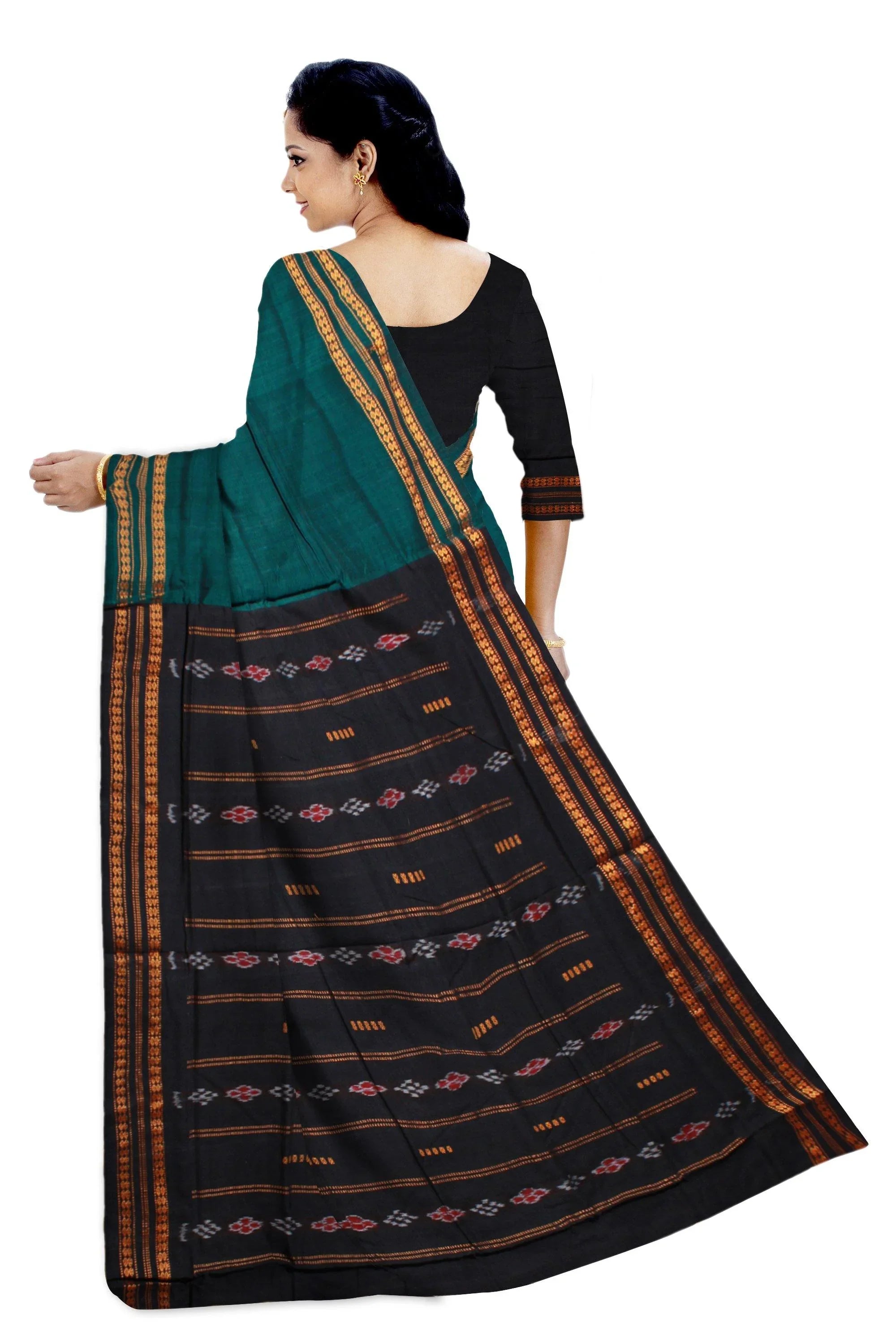 Sambalpuri bomkei pattern flower print saree in dark green color. - Koshali Arts & Crafts Enterprise