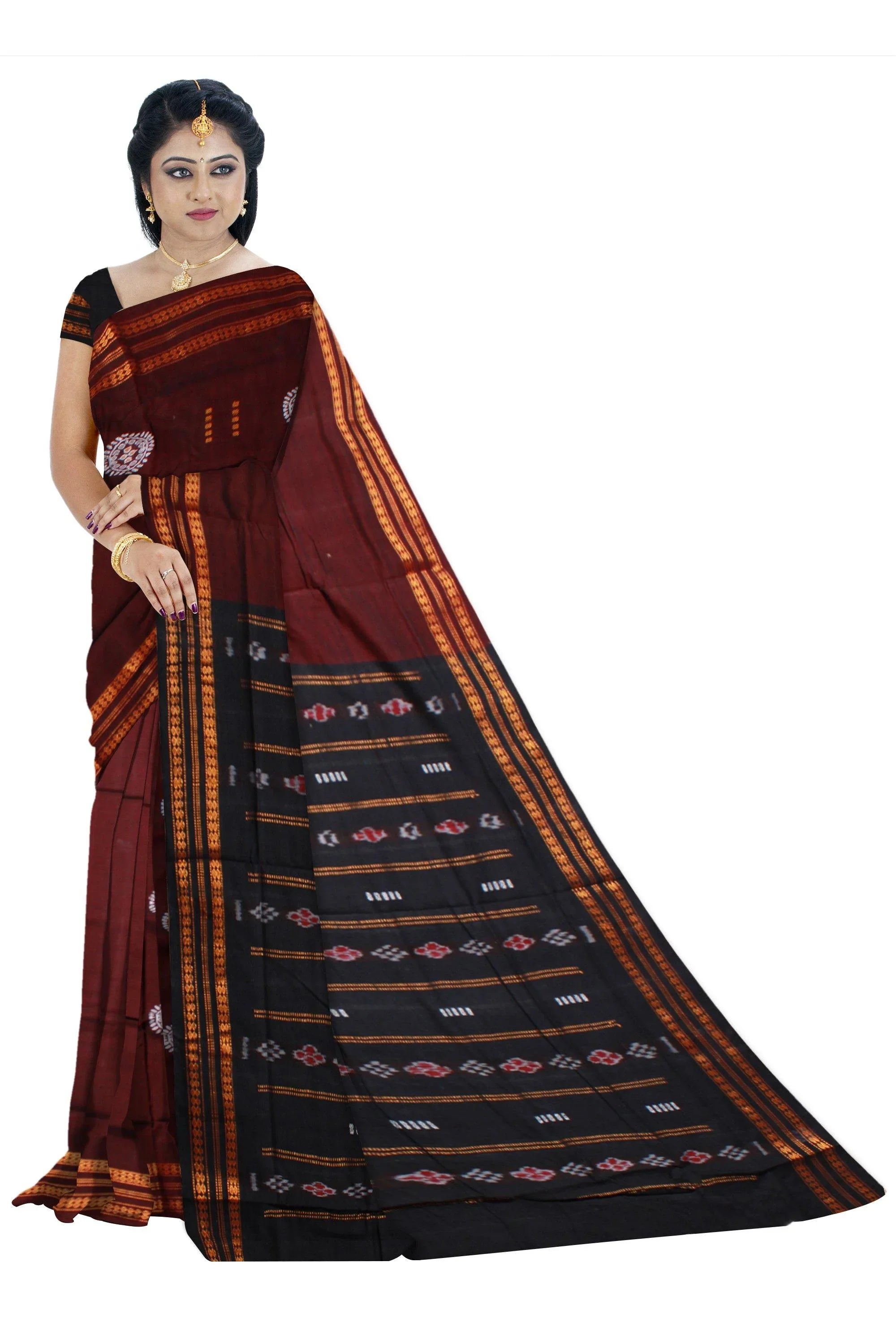 Sambalpuri bomkei pattern flower print saree in dark brown color. - Koshali Arts & Crafts Enterprise