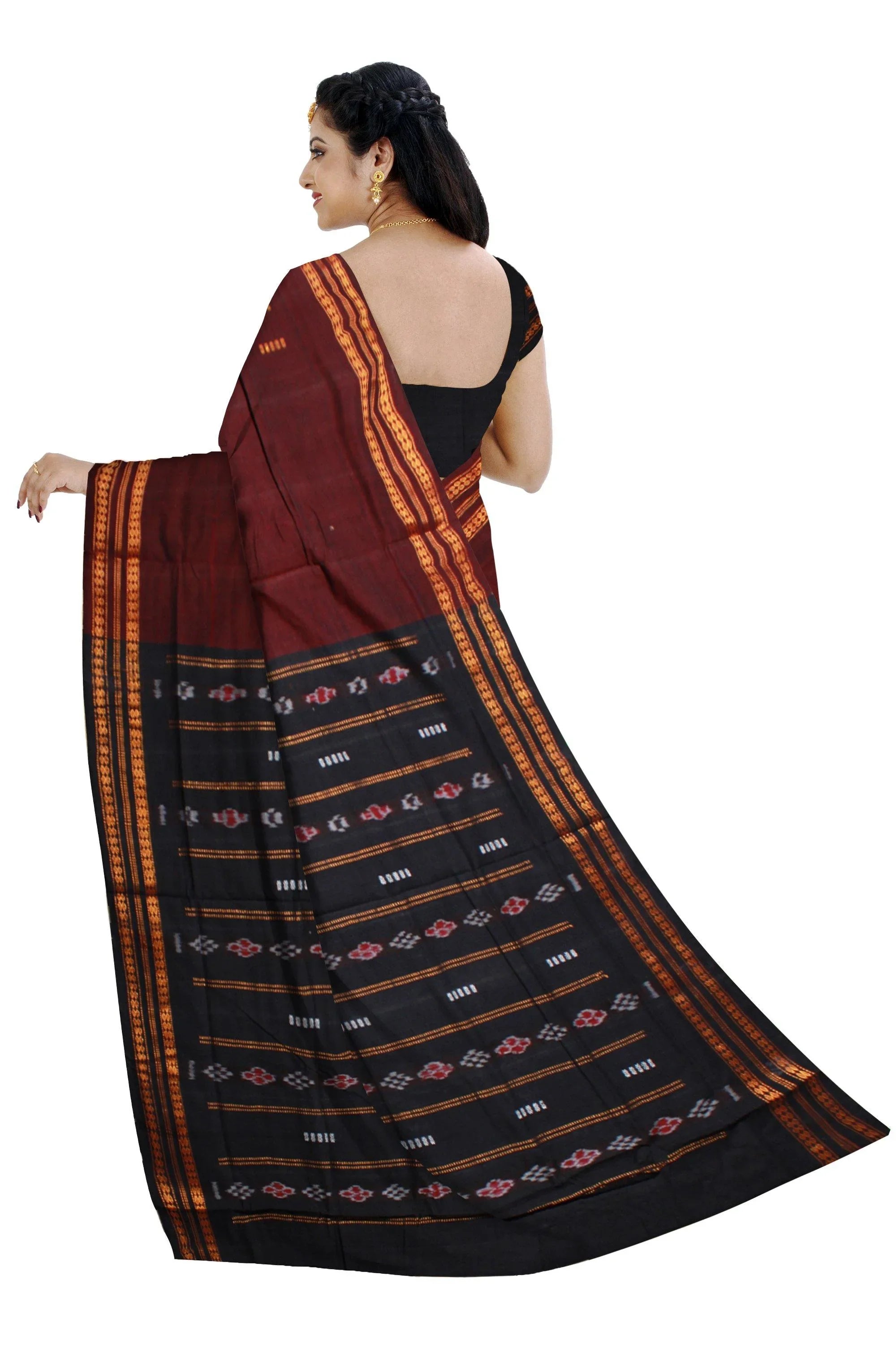 Sambalpuri bomkei pattern flower print saree in dark brown color. - Koshali Arts & Crafts Enterprise