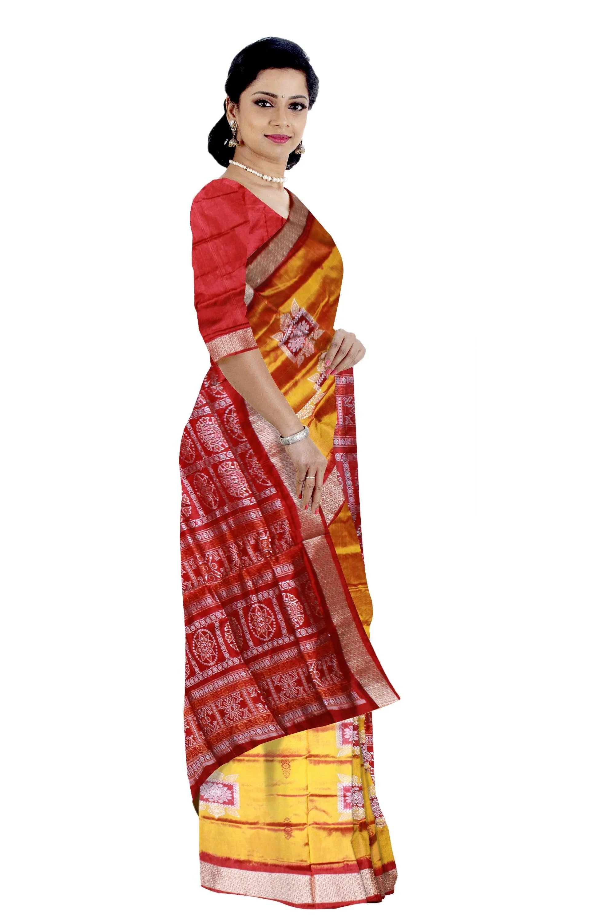 Yellow and Red mix Sambalpuri Pata saree with pasapali, and bomkei Pattern in body - Koshali Arts & Crafts Enterprise