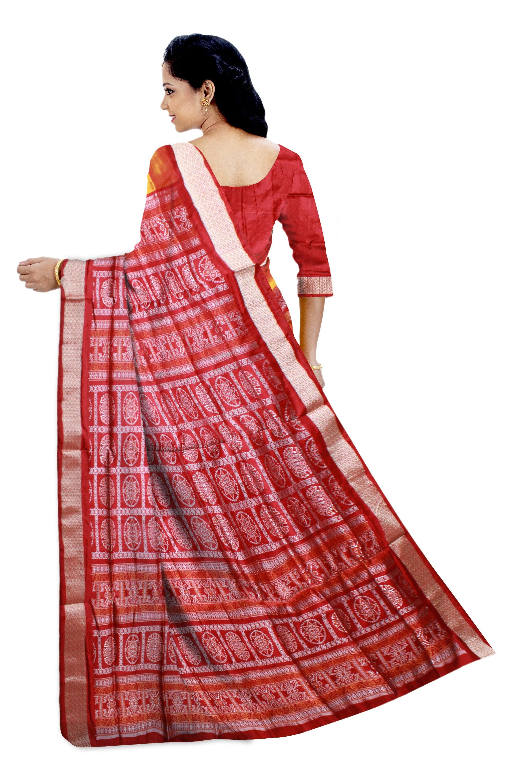 Yellow and Red mix Sambalpuri Pata saree with pasapali, and bomkei Pattern in body - Koshali Arts & Crafts Enterprise