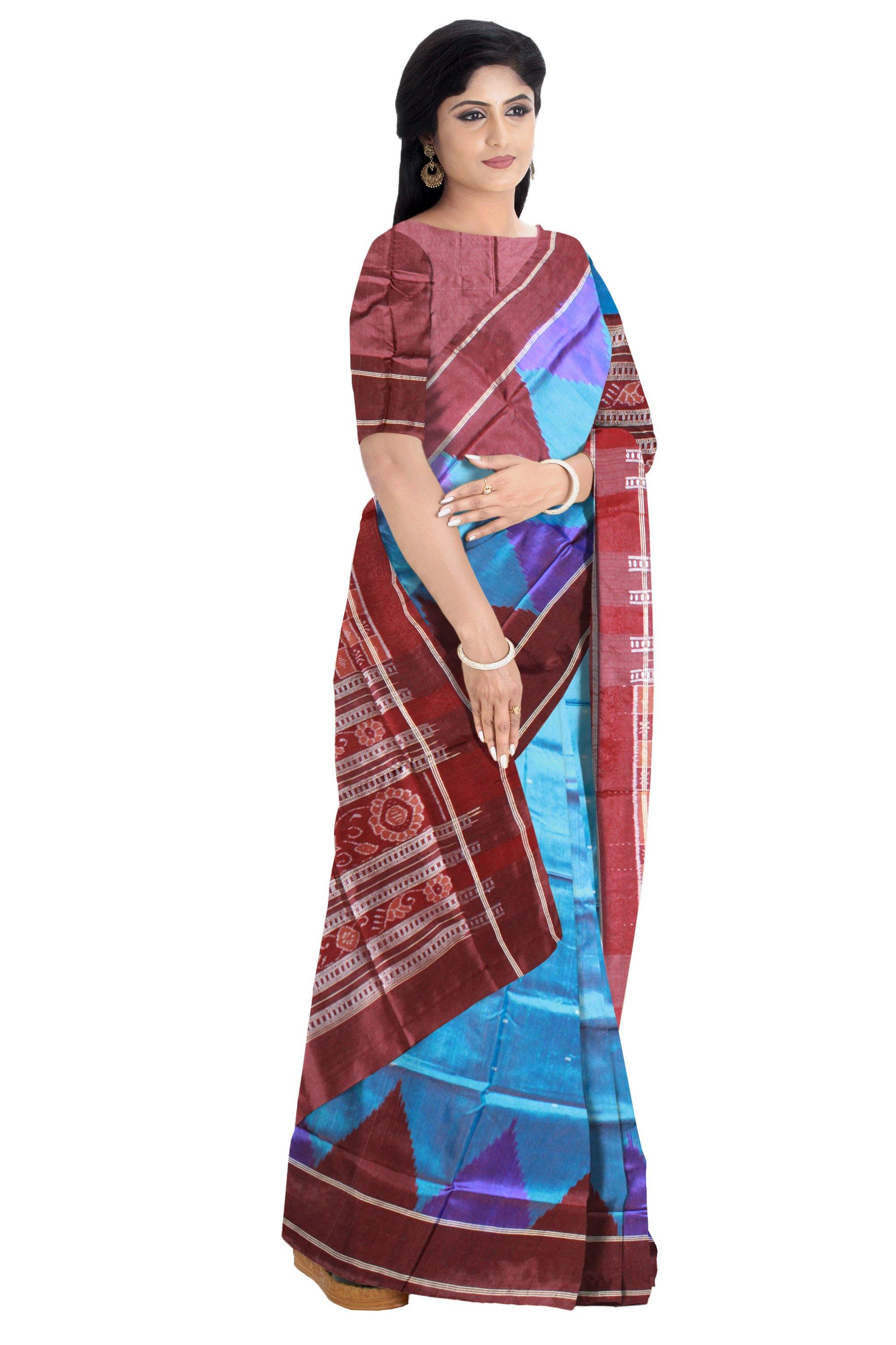 Light Blue Colour Sambalpuri Pata Saree with blouse piece. - Koshali Arts & Crafts Enterprise