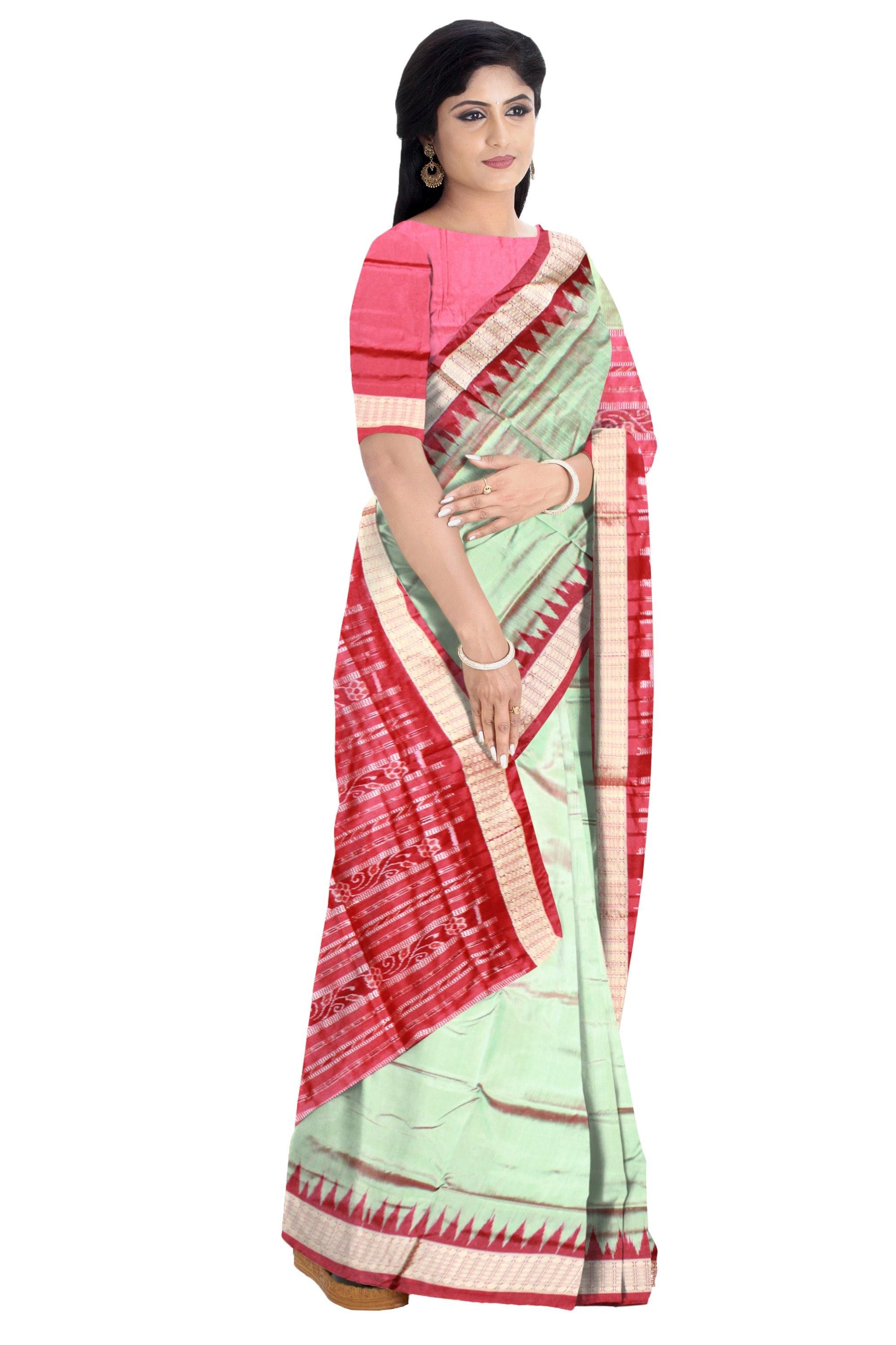 Light Green Colour Sambalpuri Pata Saree with blouse piece. - Koshali Arts & Crafts Enterprise