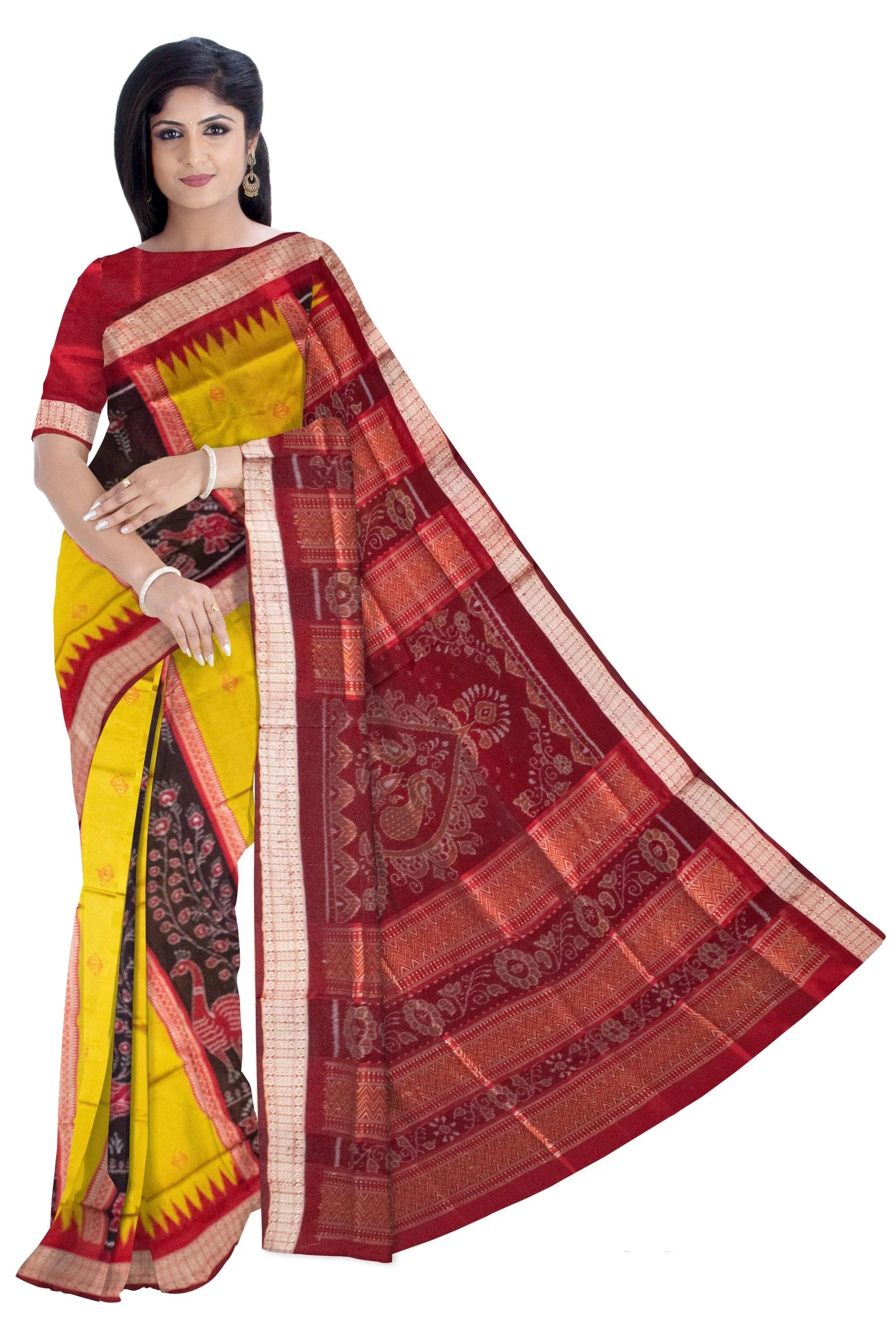 Latest design Pata saree in Yellow and brown and flora print with blouse Piece - Koshali Arts & Crafts Enterprise