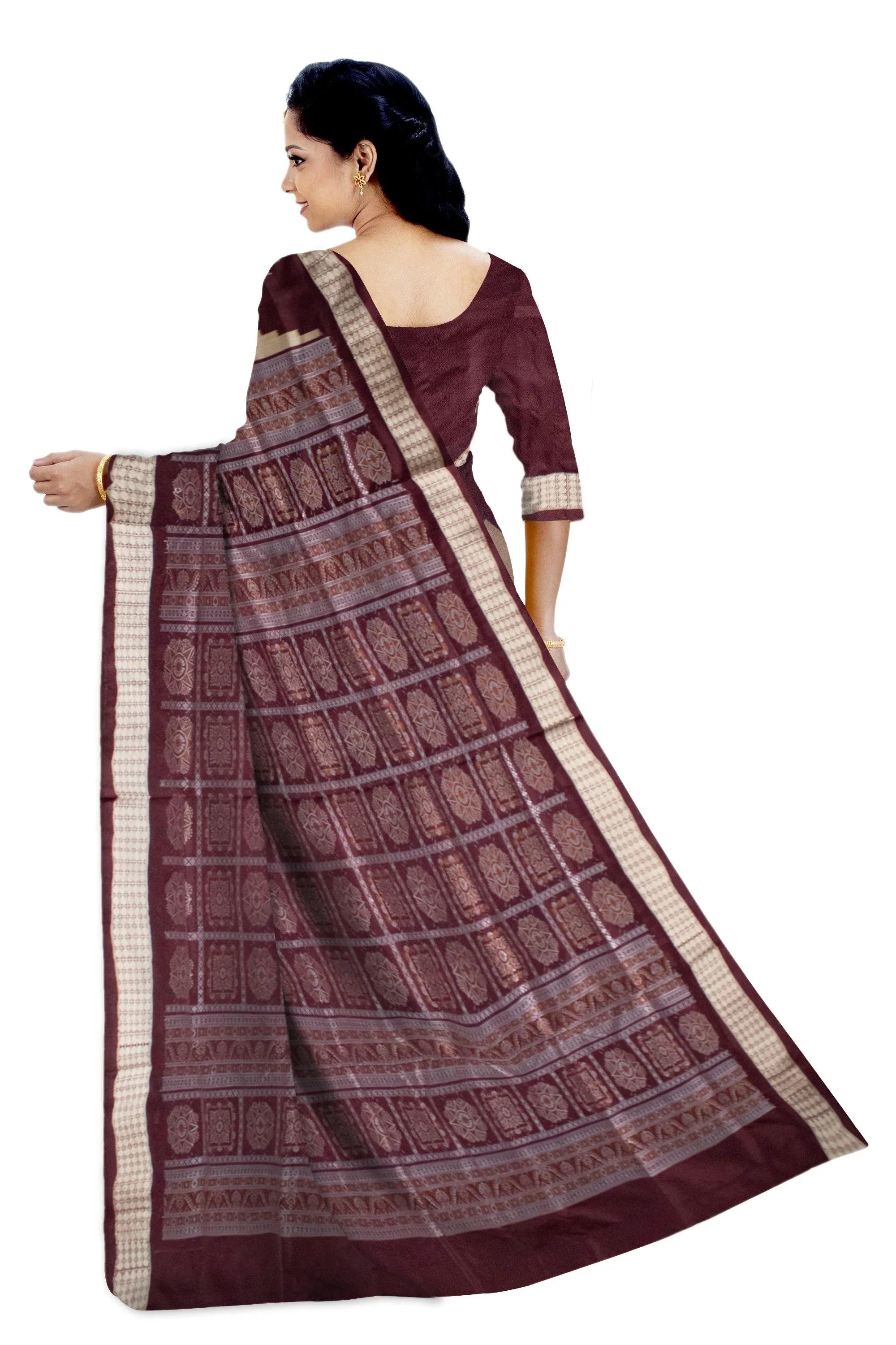 Kumbha design and pasapali print in body, exclusive pata saree, in Ghee color. Available with blouse piece. - Koshali Arts & Crafts Enterprise