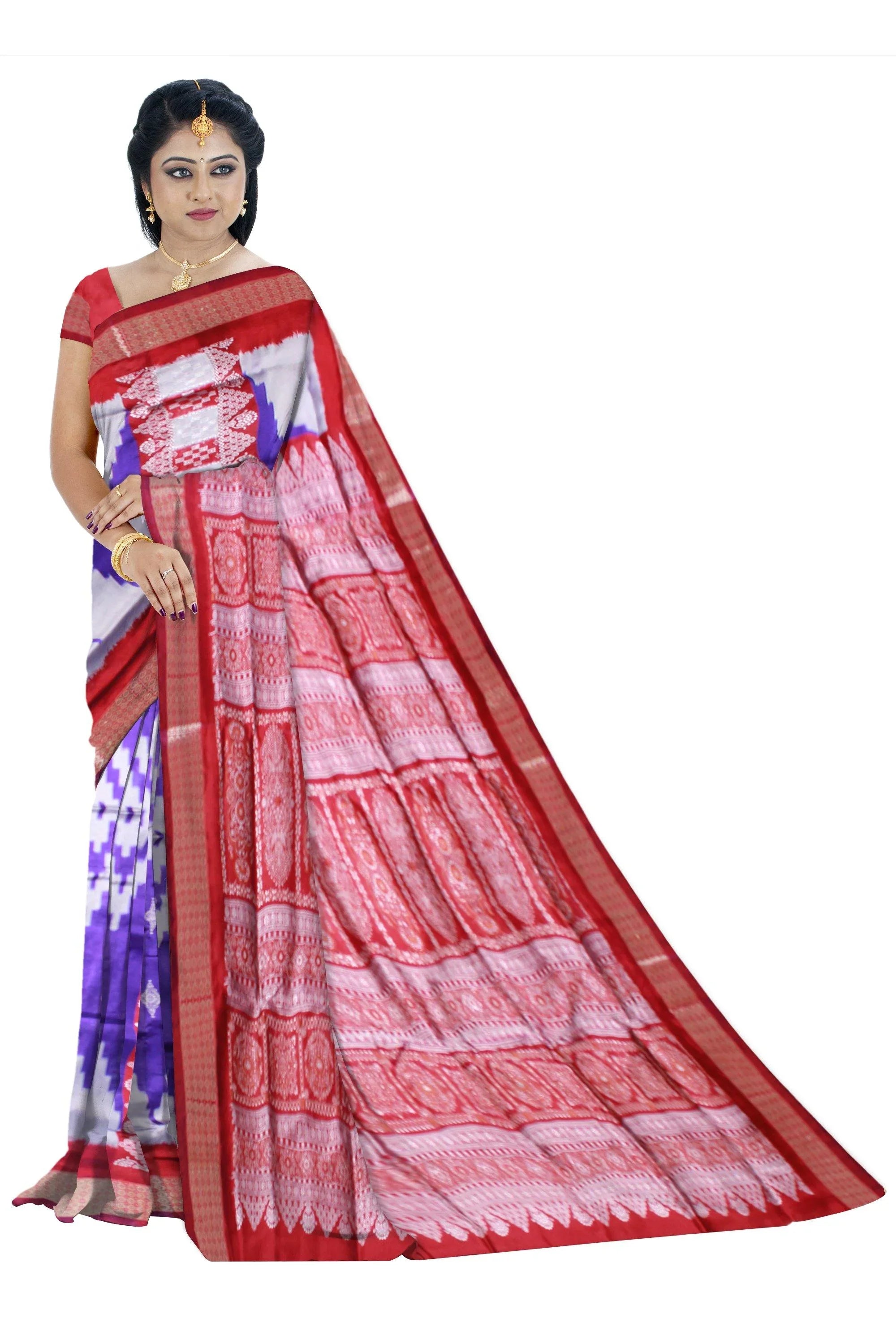 Kumbha design and pasapali print in body, exclusive pata saree, in violet color. Available with blouse piece. - Koshali Arts & Crafts Enterprise