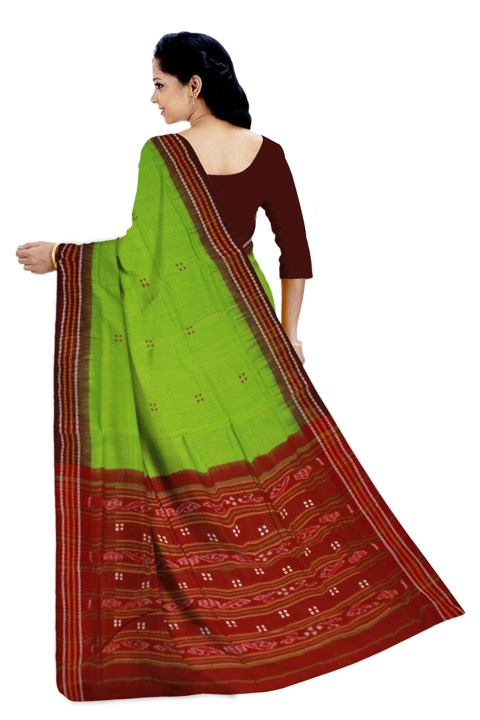 Green and coffee color small booty pattern cotton saree without blouse piece - Koshali Arts & Crafts Enterprise