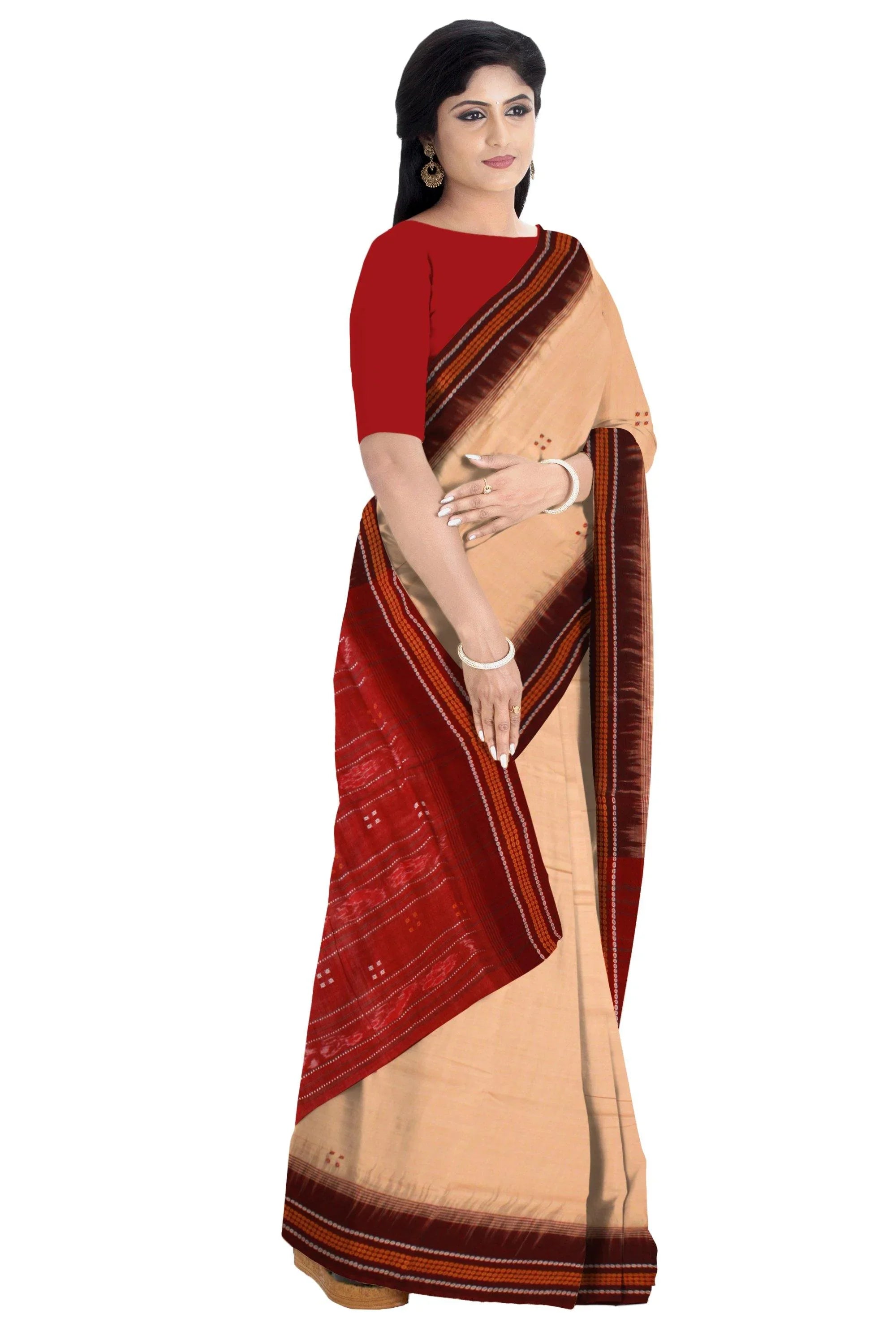 Mattha with maroon color cotton saree, without blouse piece. - Koshali Arts & Crafts Enterprise