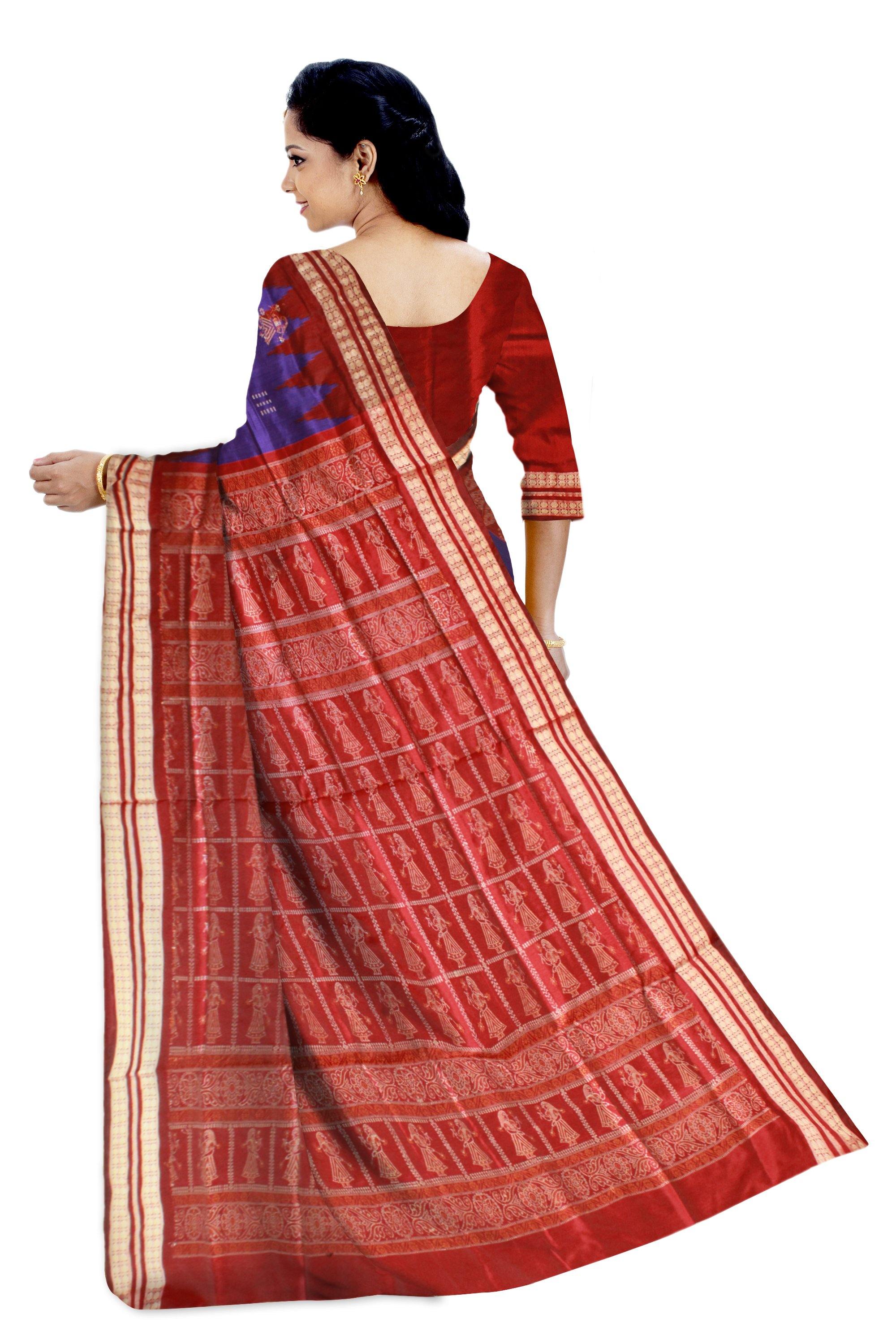 Blue and Maroon mix Doll Print Pata saree with blouse piece. - Koshali Arts & Crafts Enterprise