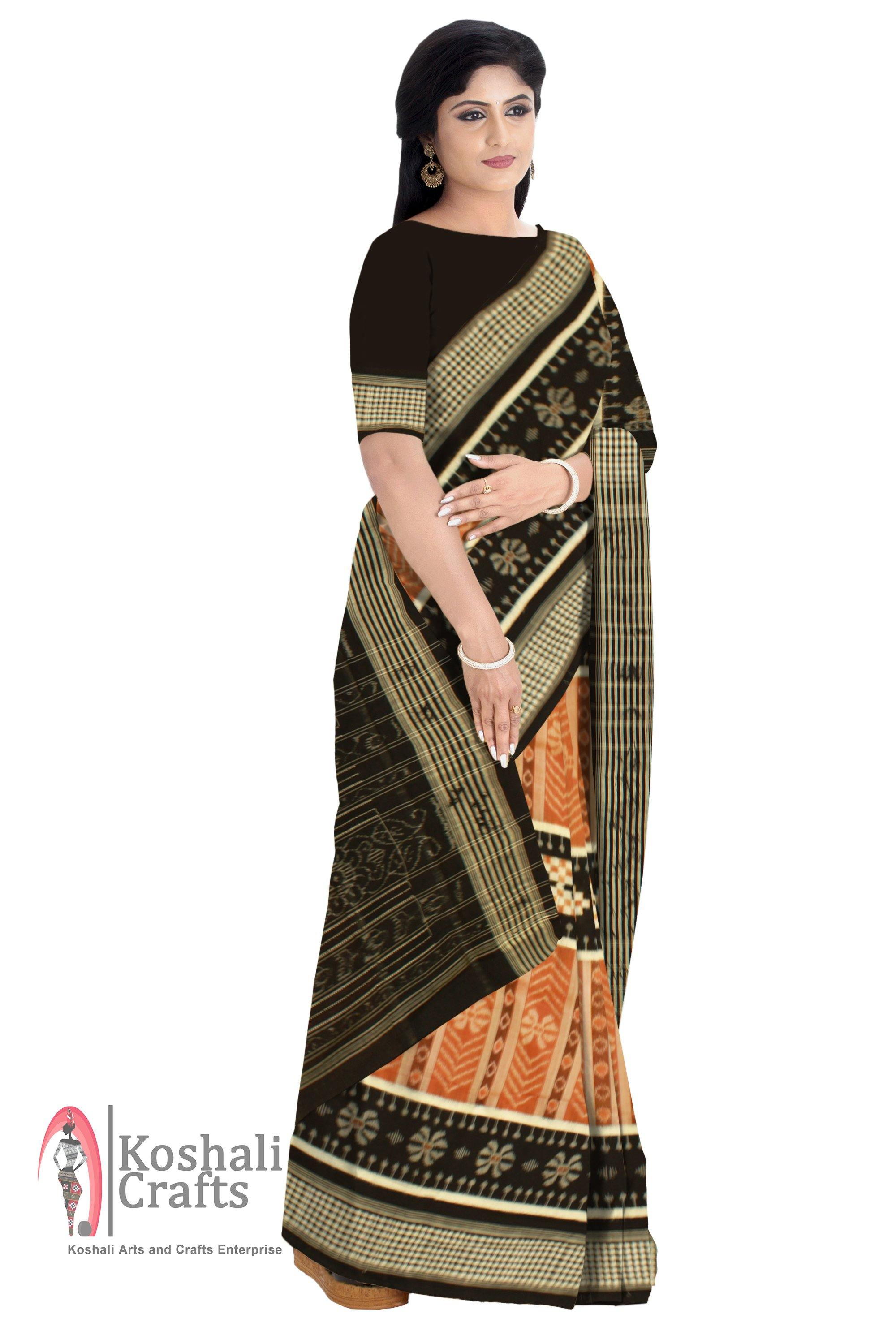 Sambalpuri Dark Orange Cotton Saree - Koshali Arts & Crafts Enterprise