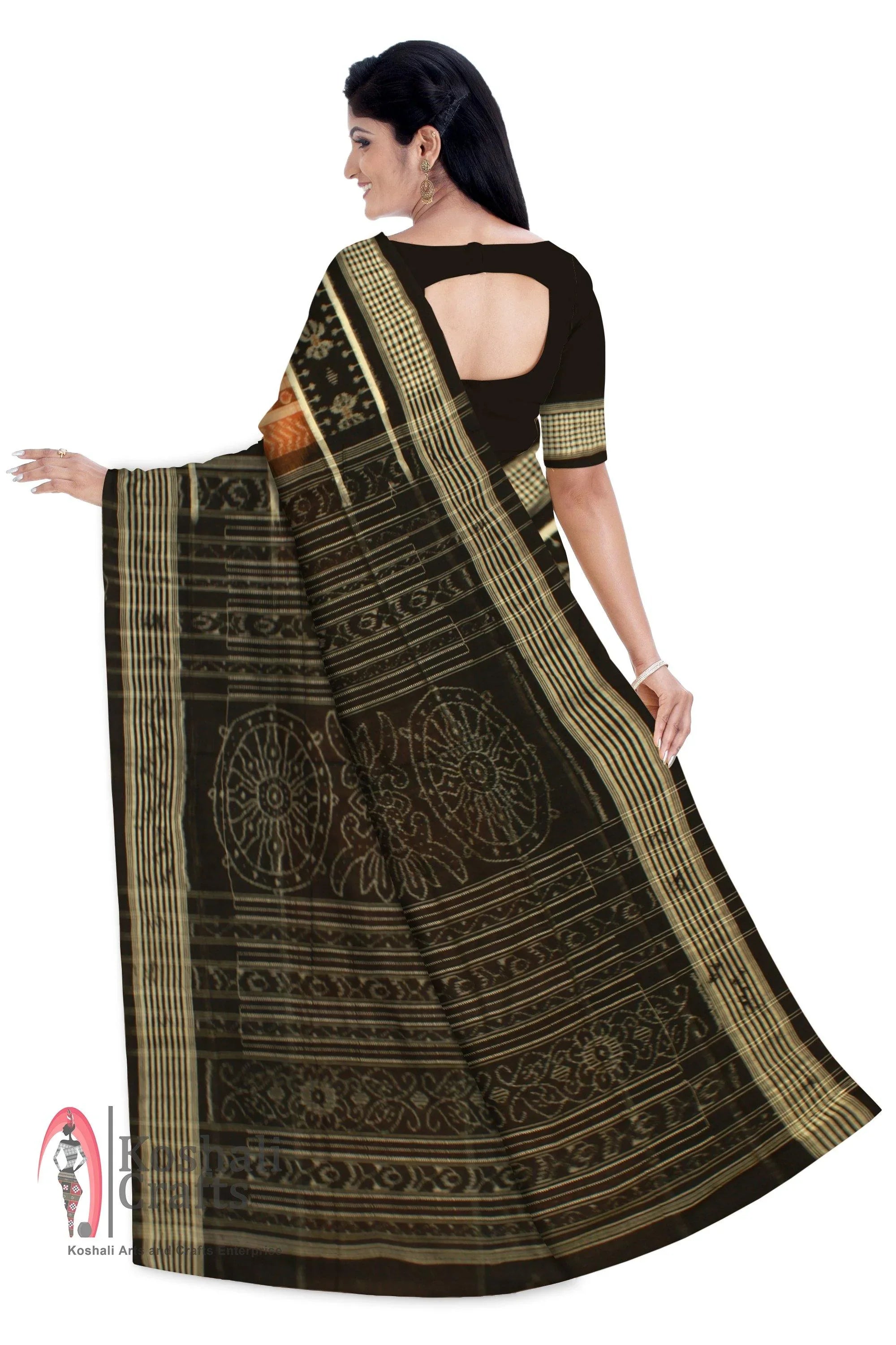 Sambalpuri Dark Orange Cotton Saree - Koshali Arts & Crafts Enterprise