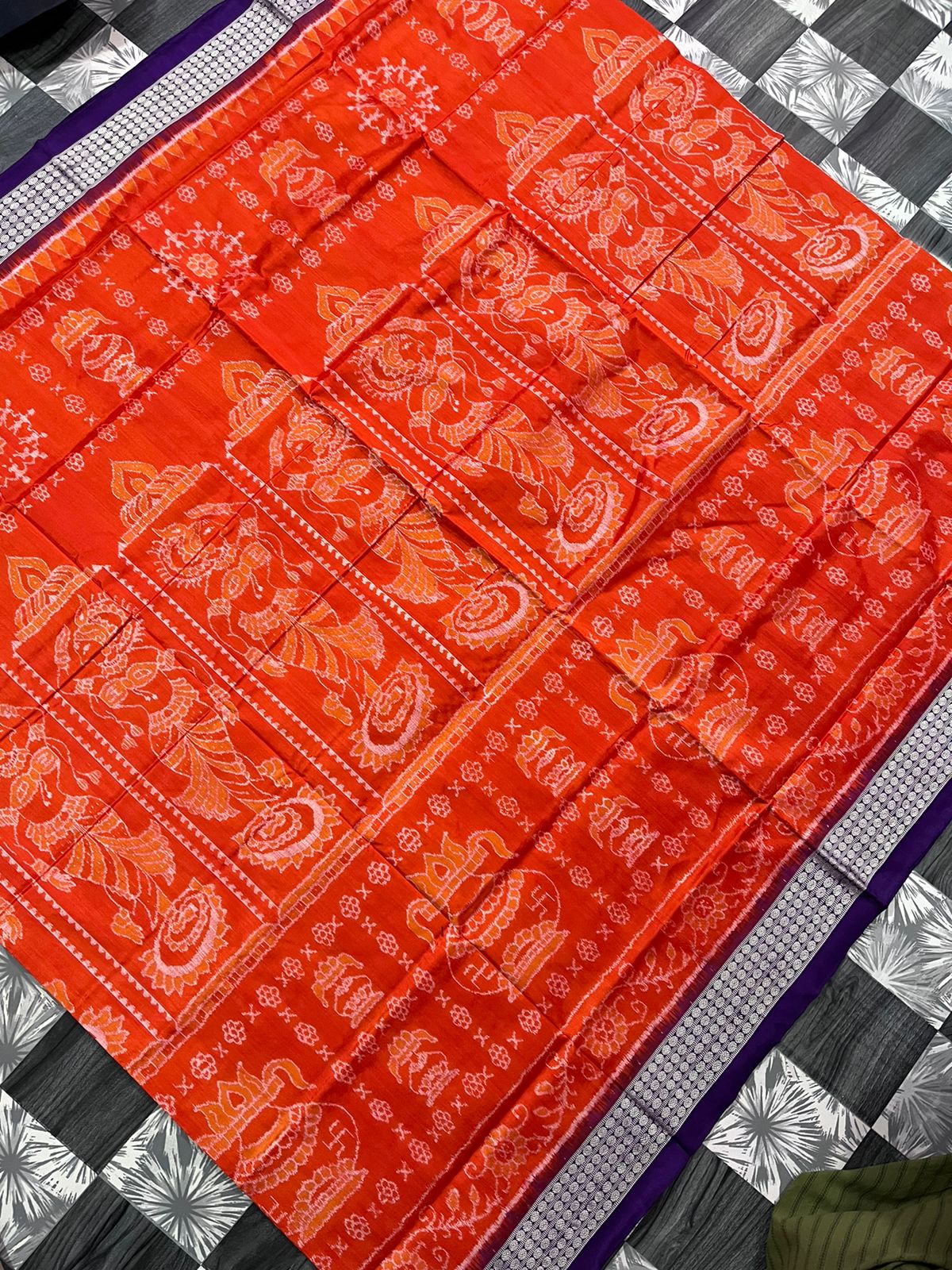 Nartaki and Kalasa pattern Sambalpuri Pure Silk saree in Orange and Blue - Koshali Arts & Crafts Enterprise