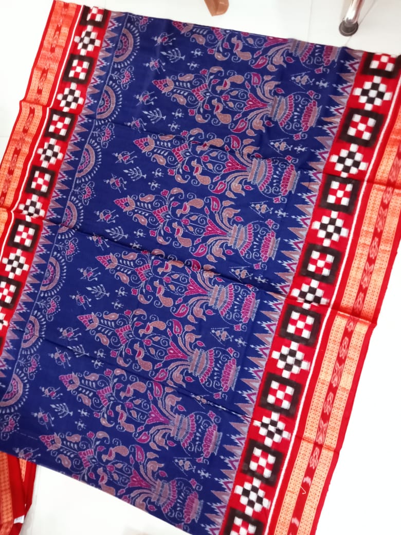 Pasapali with Kalash pattern blue and red color pure cotton saree. - Koshali Arts & Crafts Enterprise