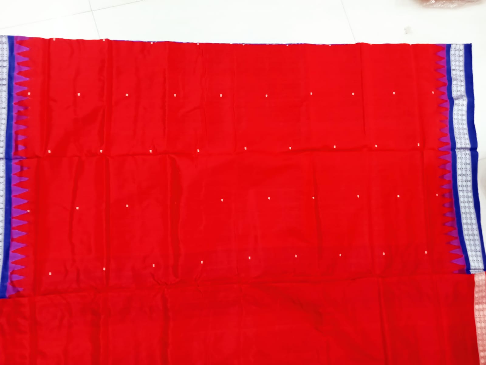 Full body Pasapalli pattern in red , blue and white colour with dupatta. Unstitched Sambalpuri silk dress set. - Koshali Arts & Crafts Enterprise