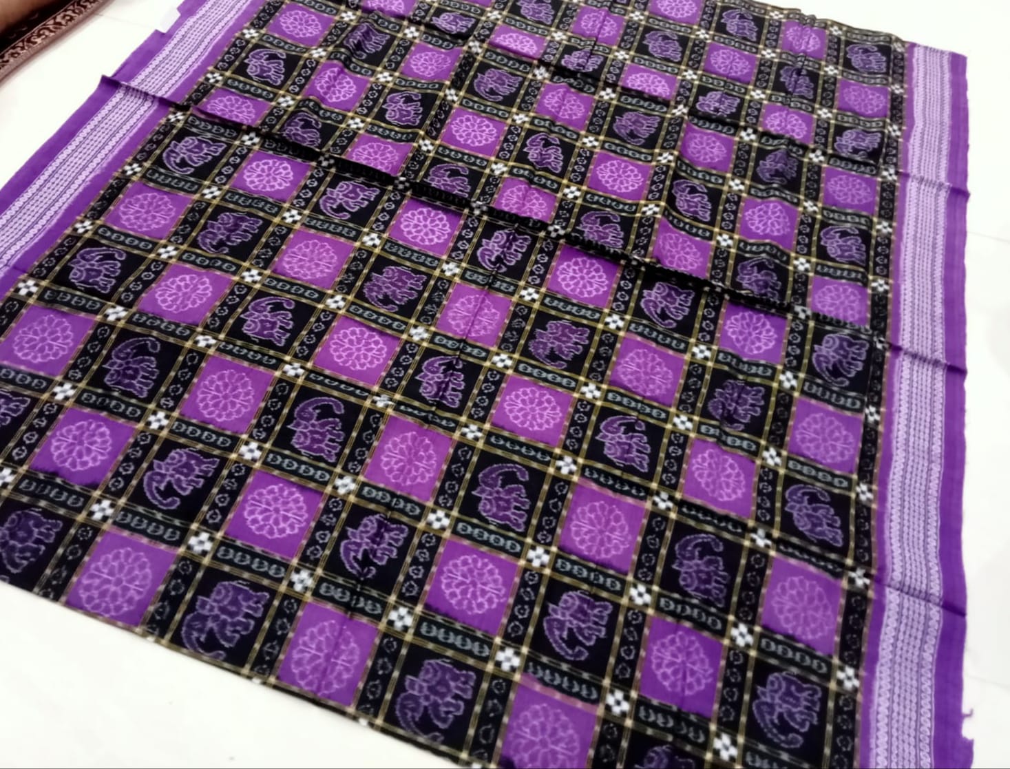 Traditional box pattern pure cotton saree in Violet & Black color. - Koshali Arts & Crafts Enterprise