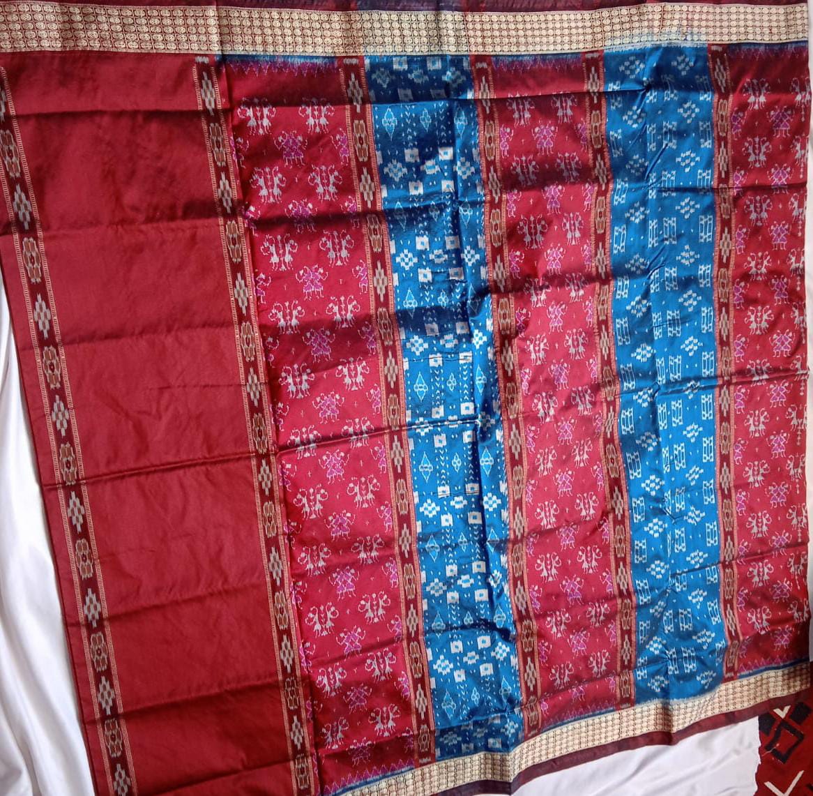 MARRON AND BLUE COLOR TERRACOTTA WITH PASAPALI PATTERN PATLI PATA SAREE. - Koshali Arts & Crafts Enterprise