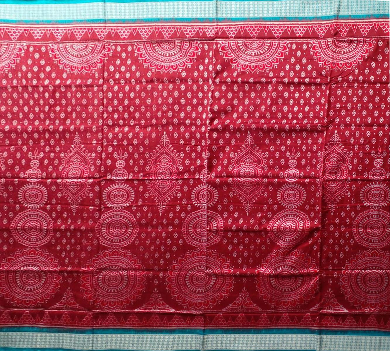 Latest design sambalpuri pata  saree in red and sky color with blouse piece. - Koshali Arts & Crafts Enterprise