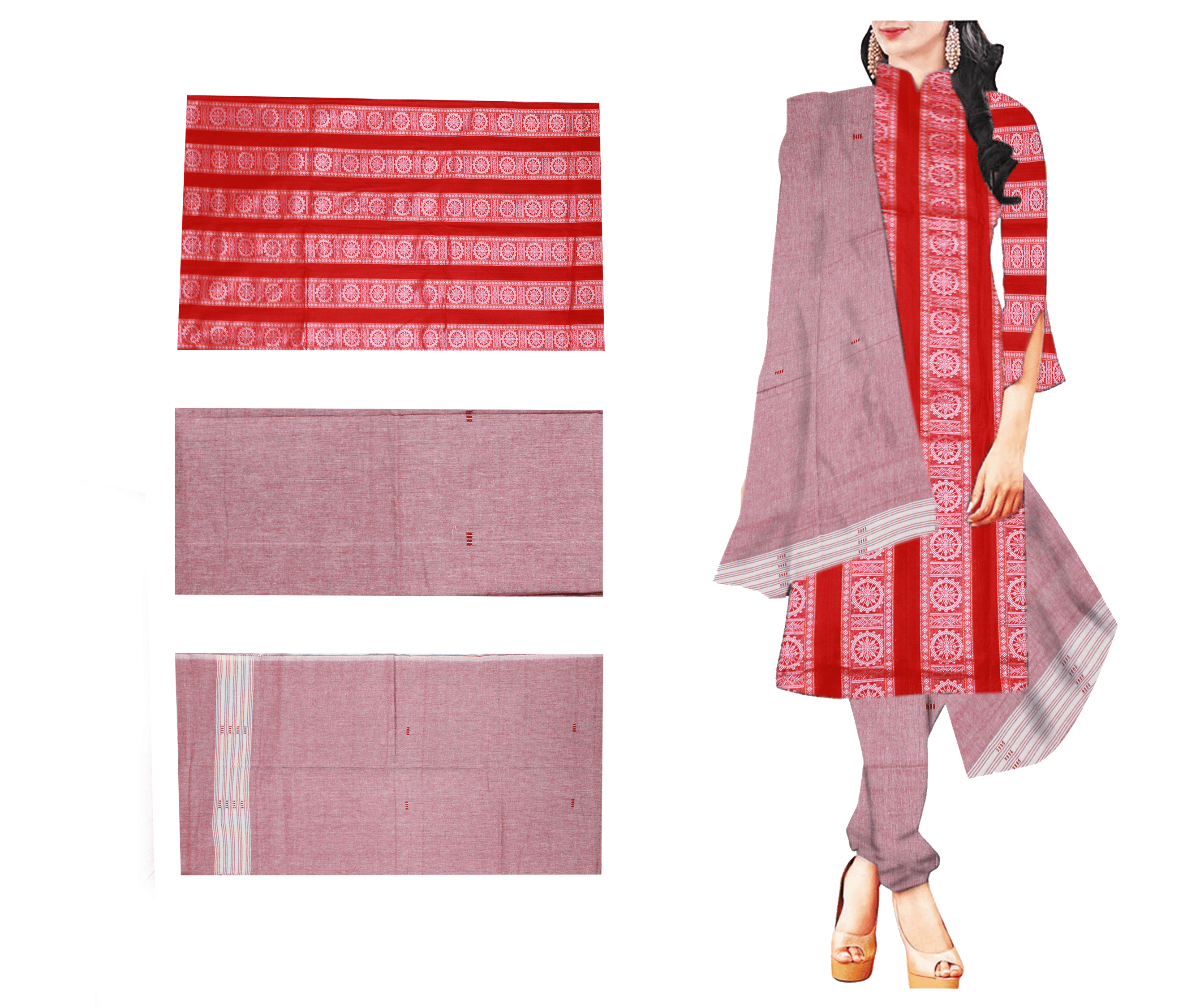Women's Odisha Handloom Sambalpuri Chakra Print Red Cotton Salwar Kameez Dress Set with Peach Dupatta and Bottom (Free Size) - Koshali Arts & Crafts Enterprise