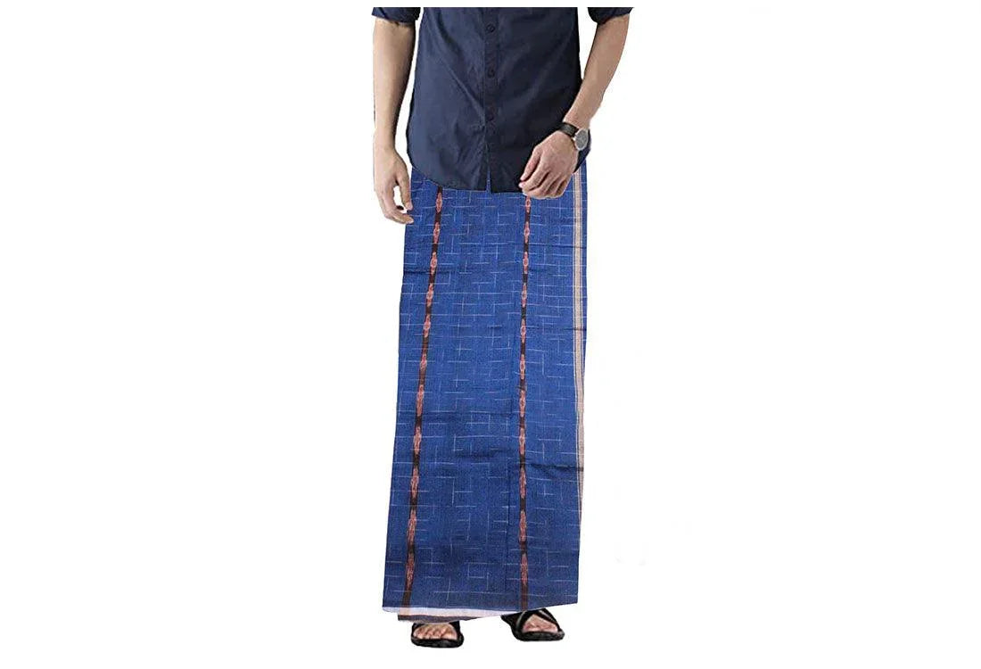 Blue color Handloom Pure Cotton Sambalpuri Lungi of 2.25 mtr For Men. - Koshali Arts & Crafts Enterprise