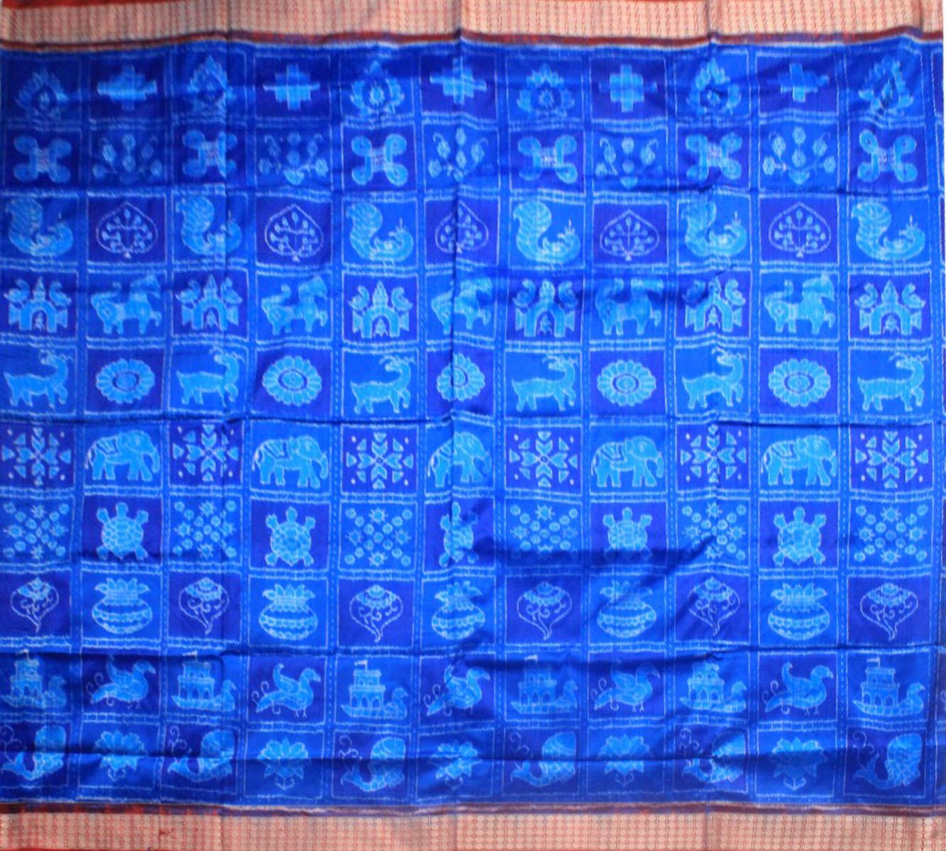 BODY IN BLUE AND RED COLORS WITH TRADITIONAL NABAKOTHI DESIGN SONEPUR PURE PATA SAREE, WITH BLOUSE PIECE. - Koshali Arts & Crafts Enterprise