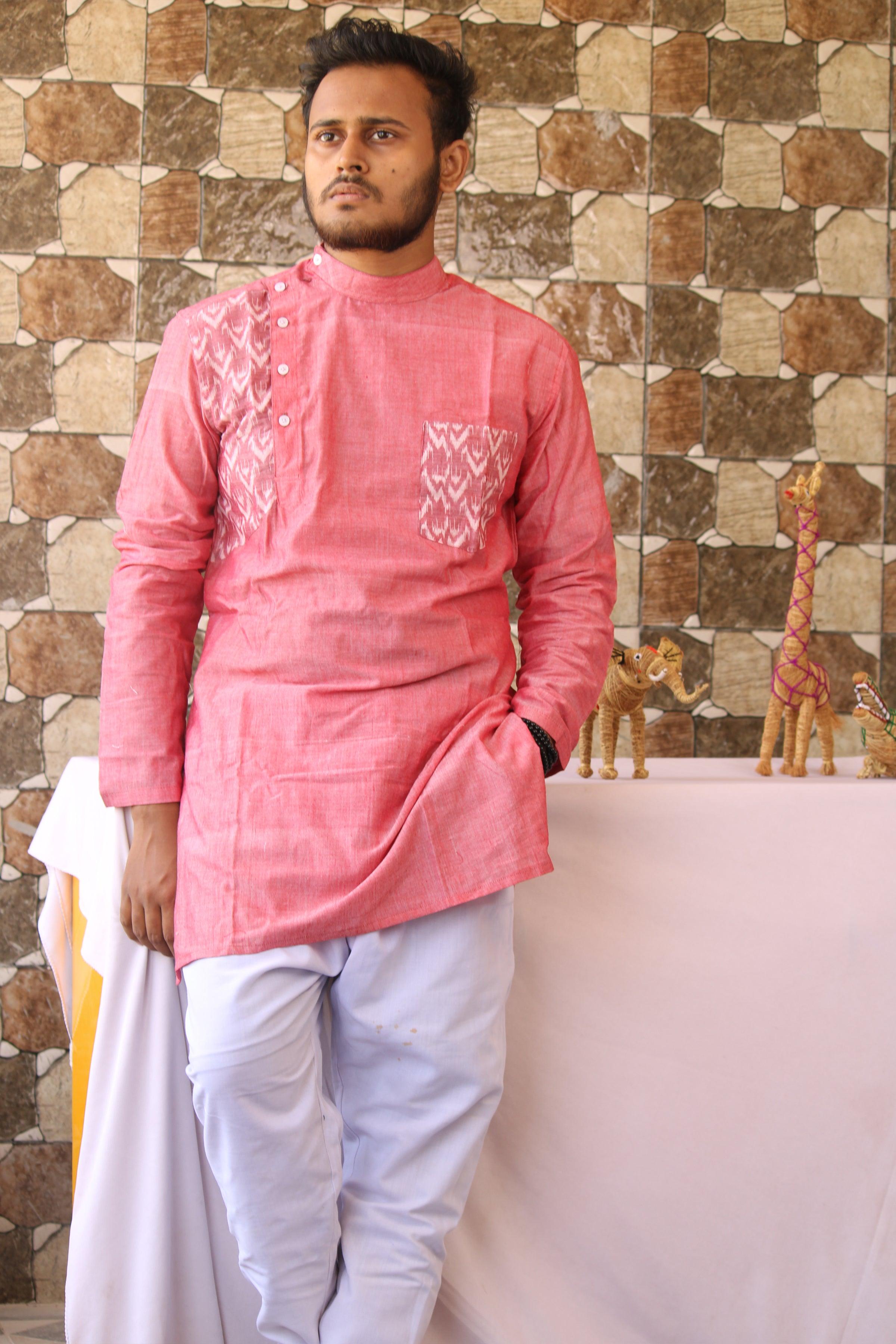 Sambalpuri Designer kurta in Pink and white color . - Koshali Arts & Crafts Enterprise