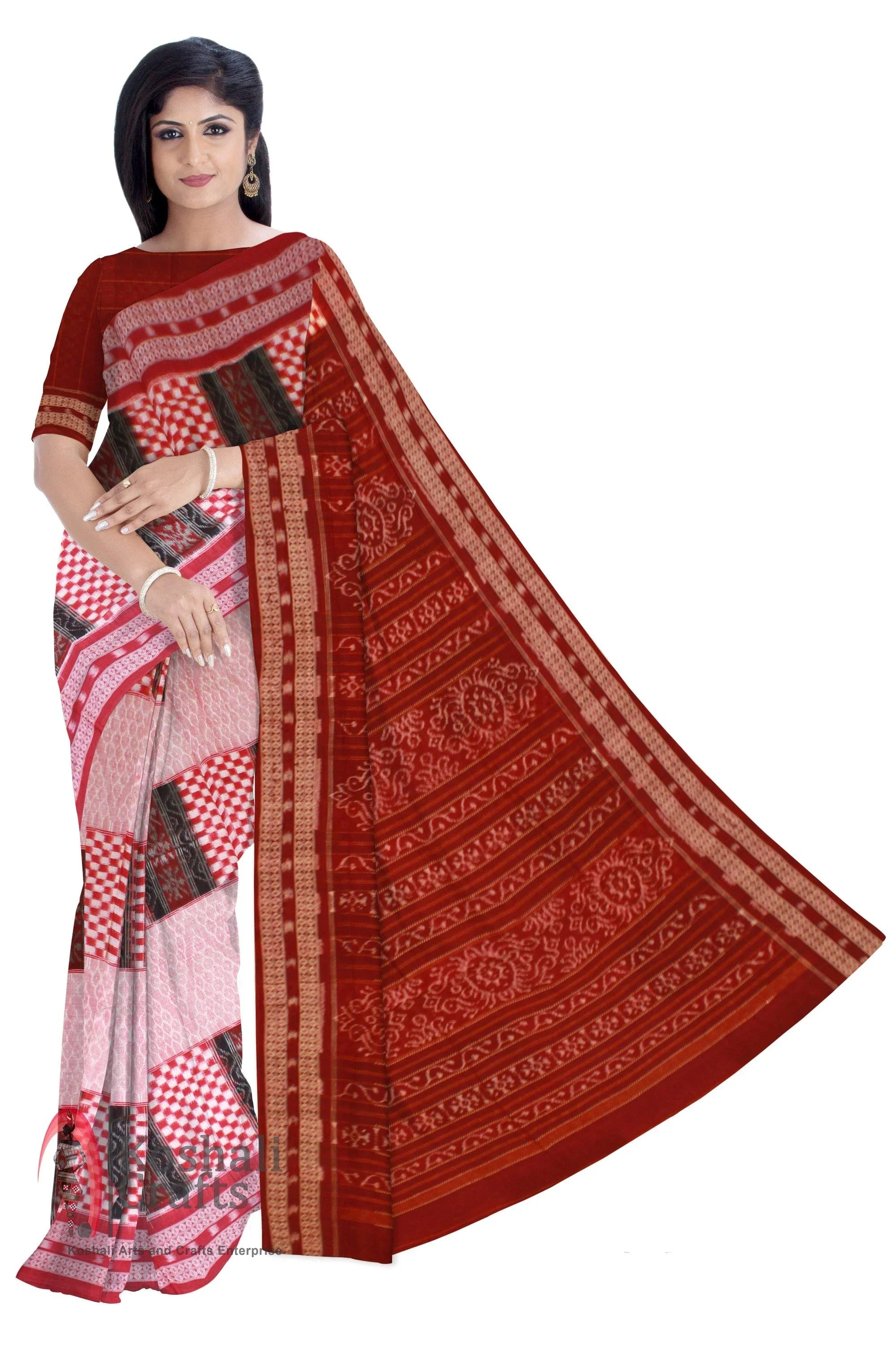 Red & baby pink Cotton Saree. - Koshali Arts & Crafts Enterprise