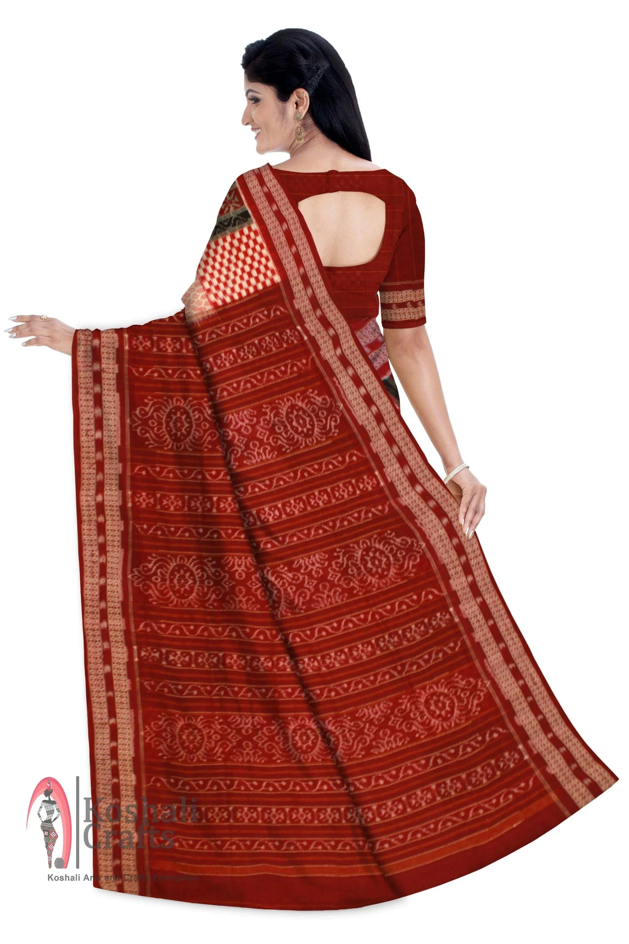 Red & baby pink Cotton Saree. - Koshali Arts & Crafts Enterprise
