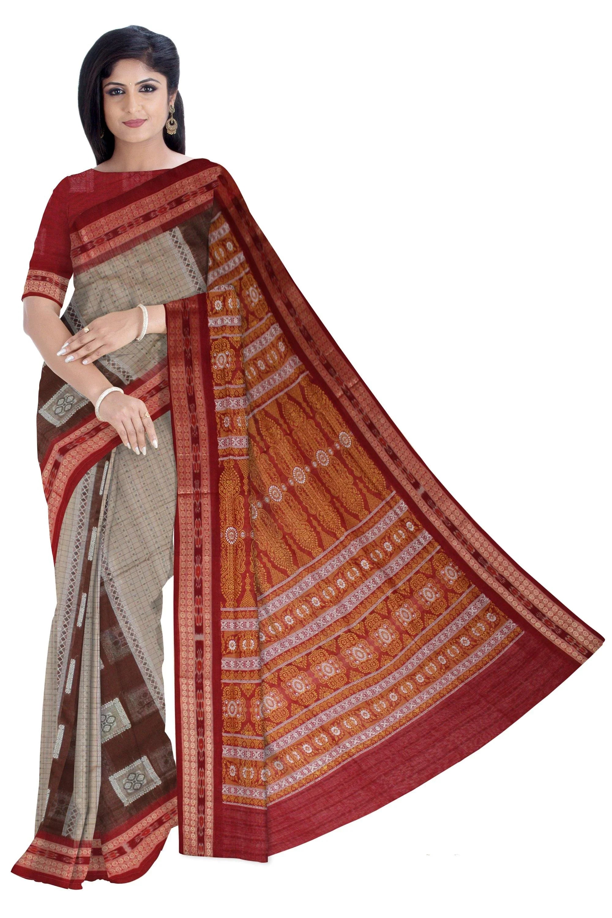 Sambalpuri Check pattern Bomkei Cotton Saree - Koshali Arts & Crafts Enterprise