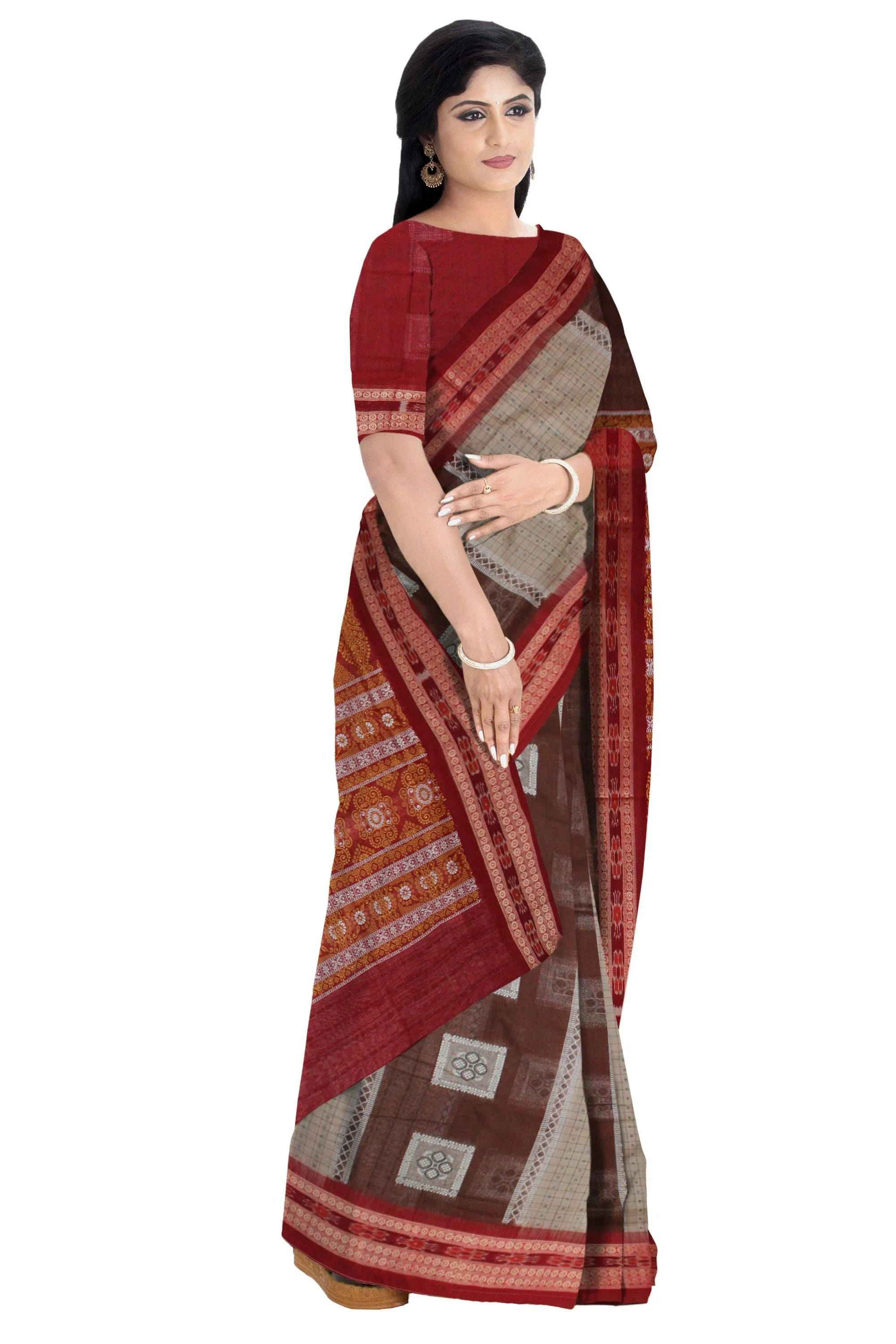 Sambalpuri Check pattern Bomkei Cotton Saree - Koshali Arts & Crafts Enterprise