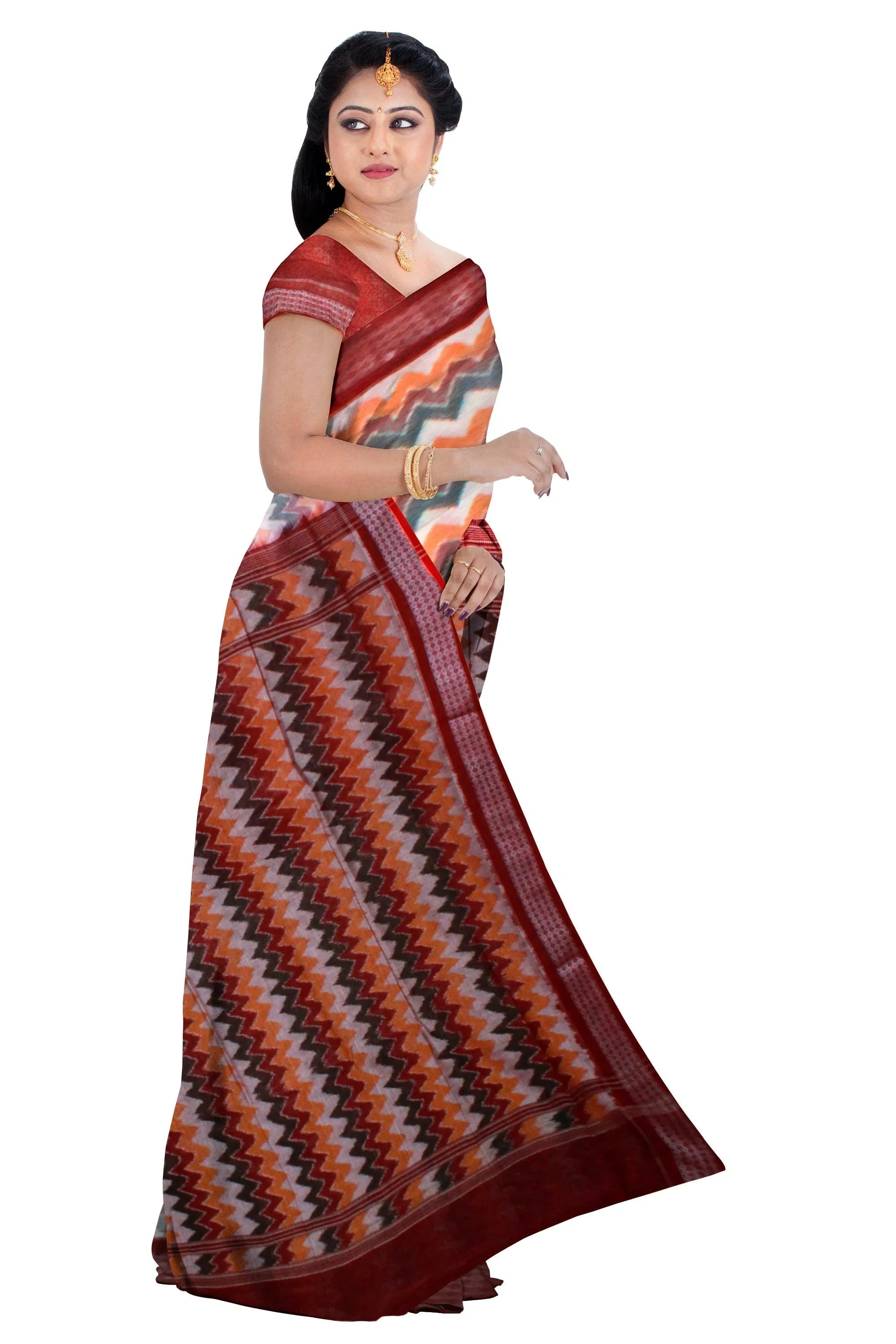 White & Orange (Multi Color) IKAT cotton saree - Koshali Arts & Crafts Enterprise