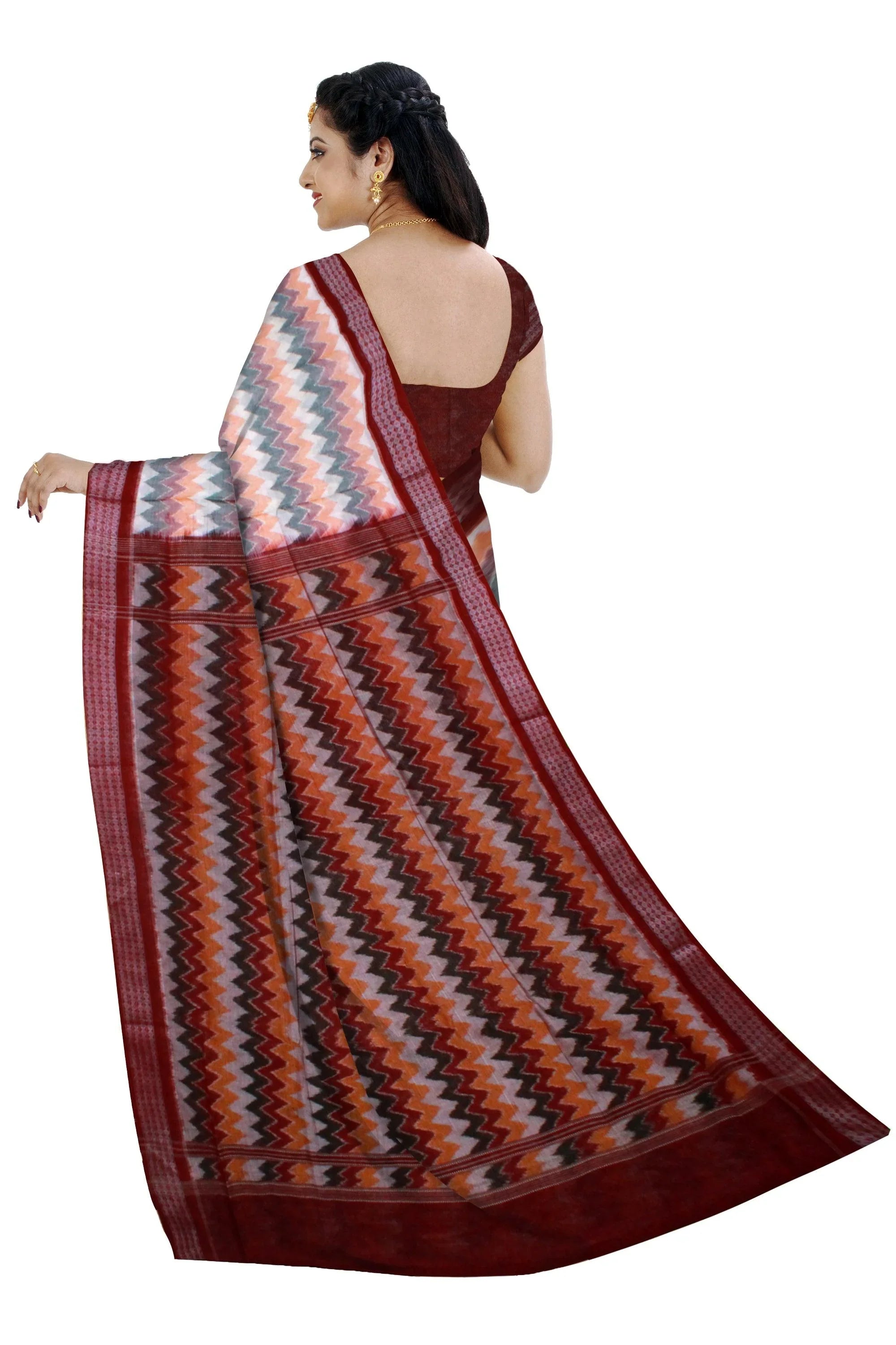 White & Orange (Multi Color) IKAT cotton saree - Koshali Arts & Crafts Enterprise
