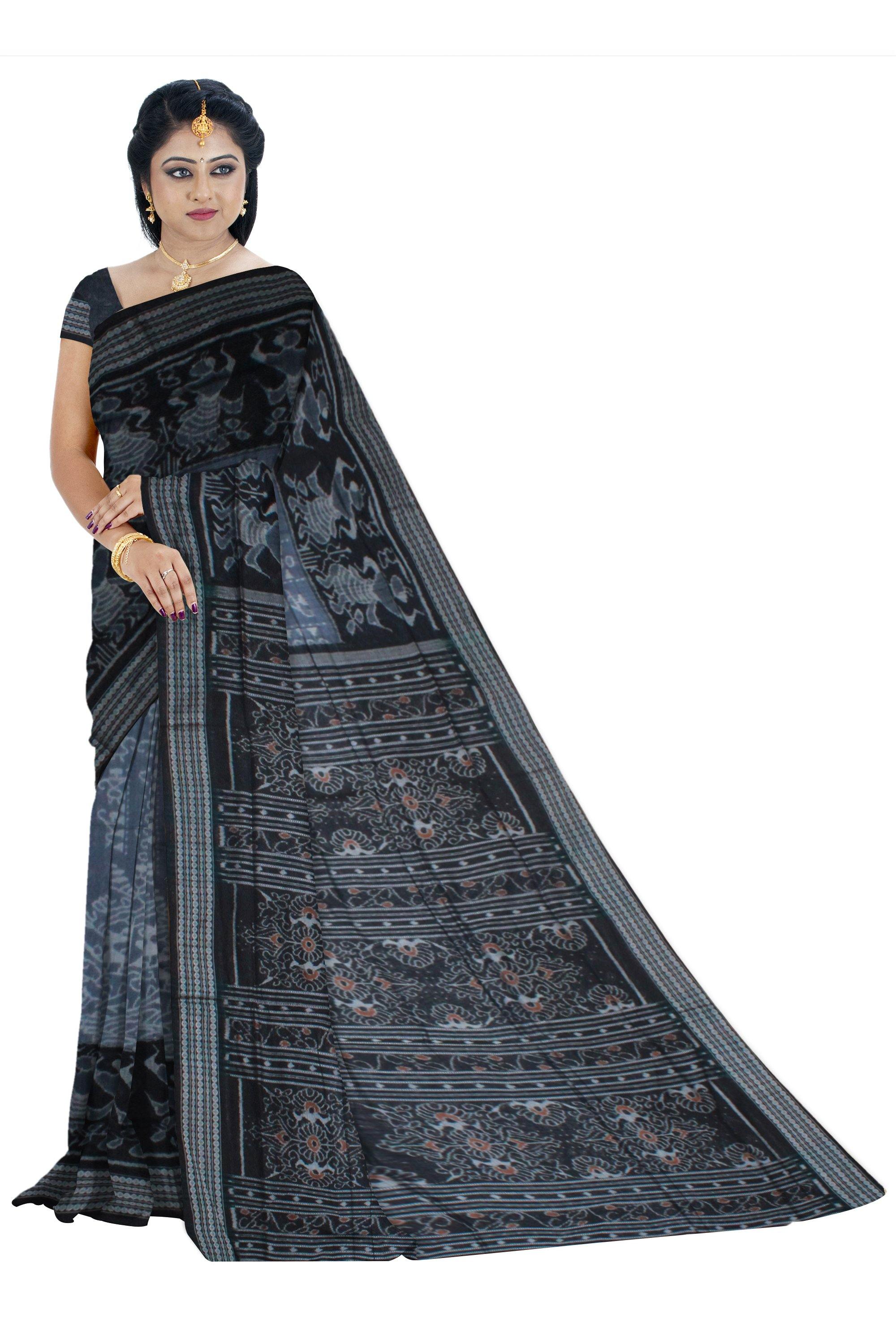 Tribal IKAT pattern Bluish Grey Sambalpuri cotton saree - Koshali Arts & Crafts Enterprise