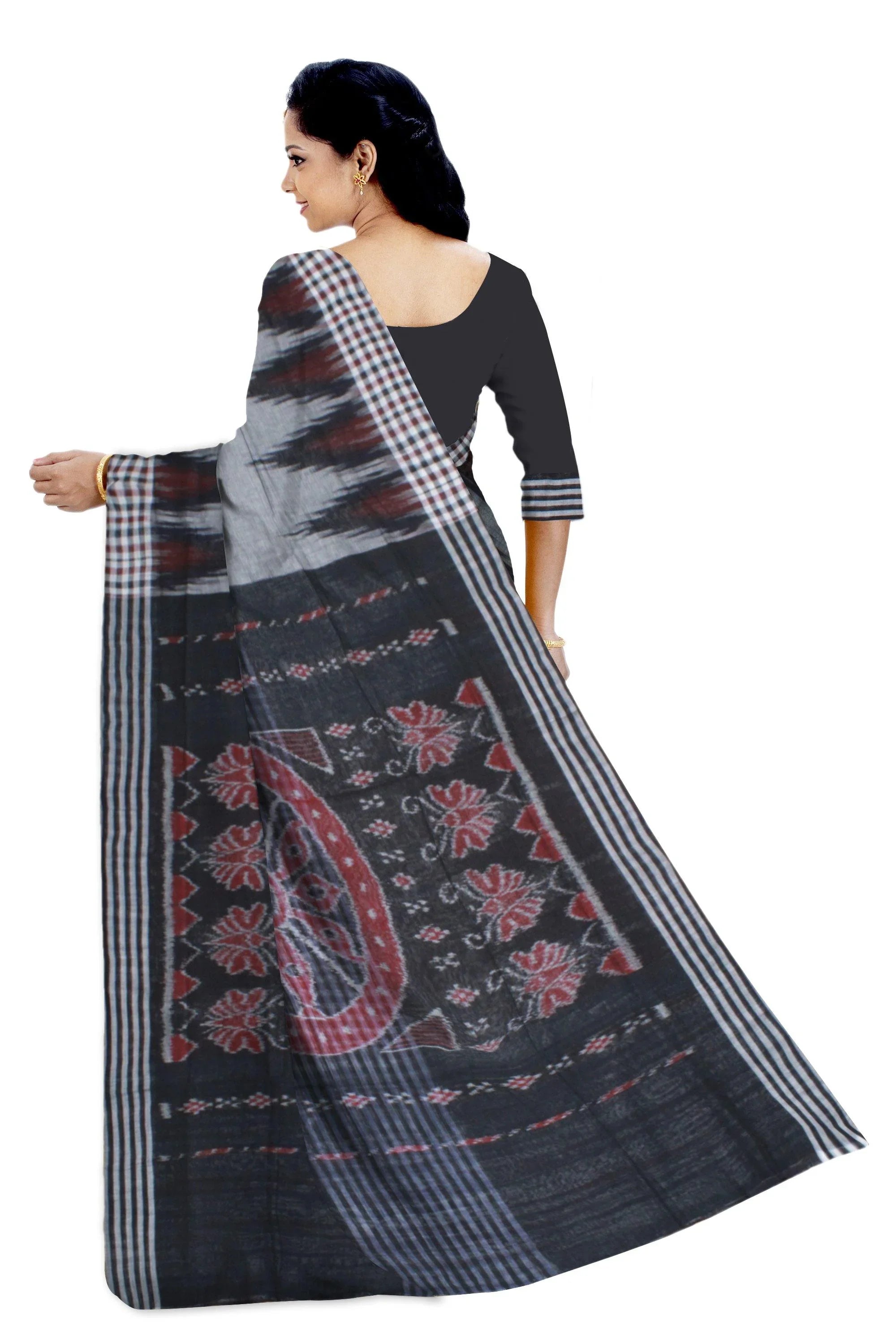 Grey and black color Sambalpuri Fera Cotton Saree, with out blouse piece. - Koshali Arts & Crafts Enterprise