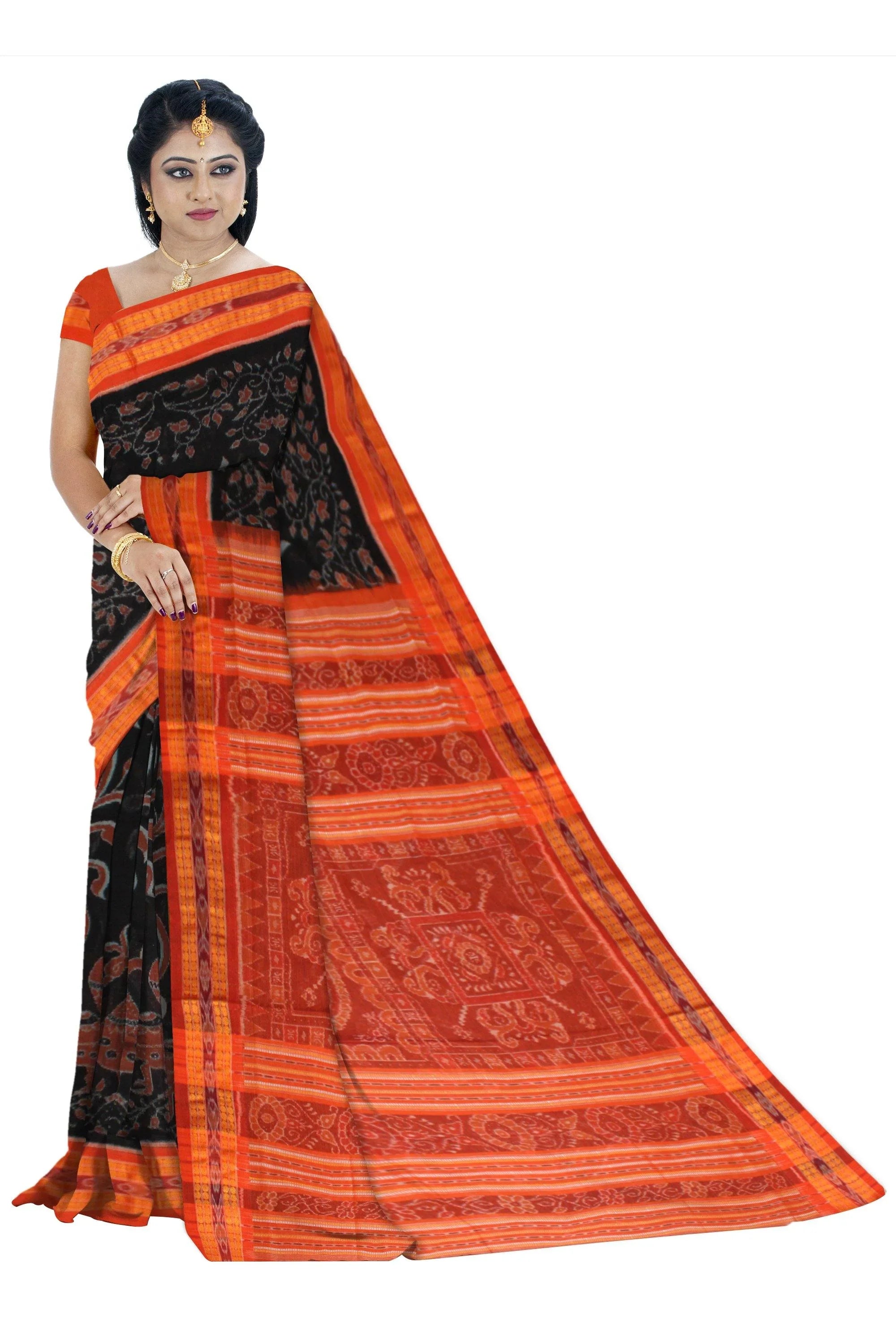 Mayuri print Black and orange color Sambalpuri Saree, With Blouse Piece. - Koshali Arts & Crafts Enterprise
