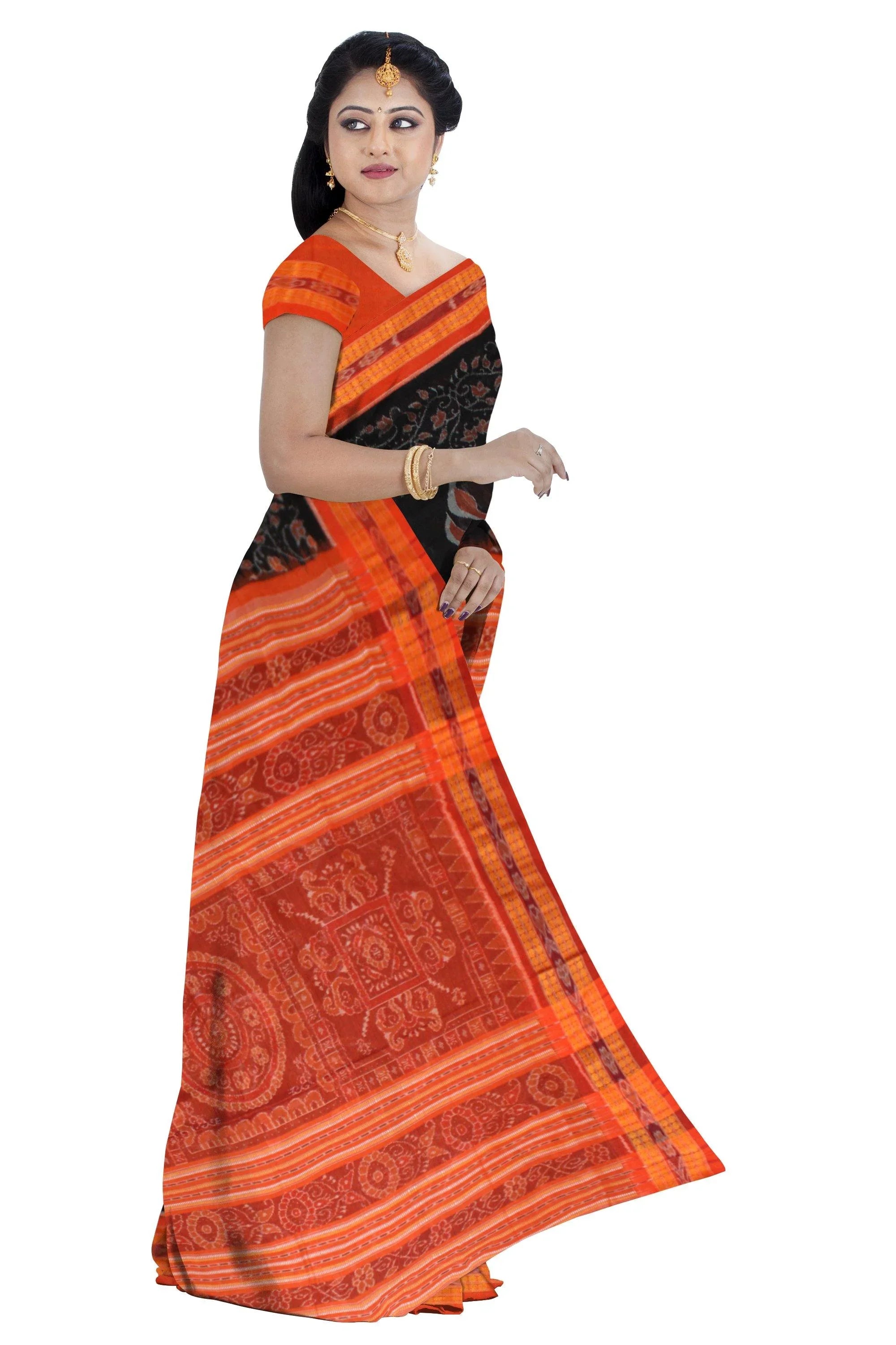 Mayuri print Black and orange color Sambalpuri Saree, With Blouse Piece. - Koshali Arts & Crafts Enterprise