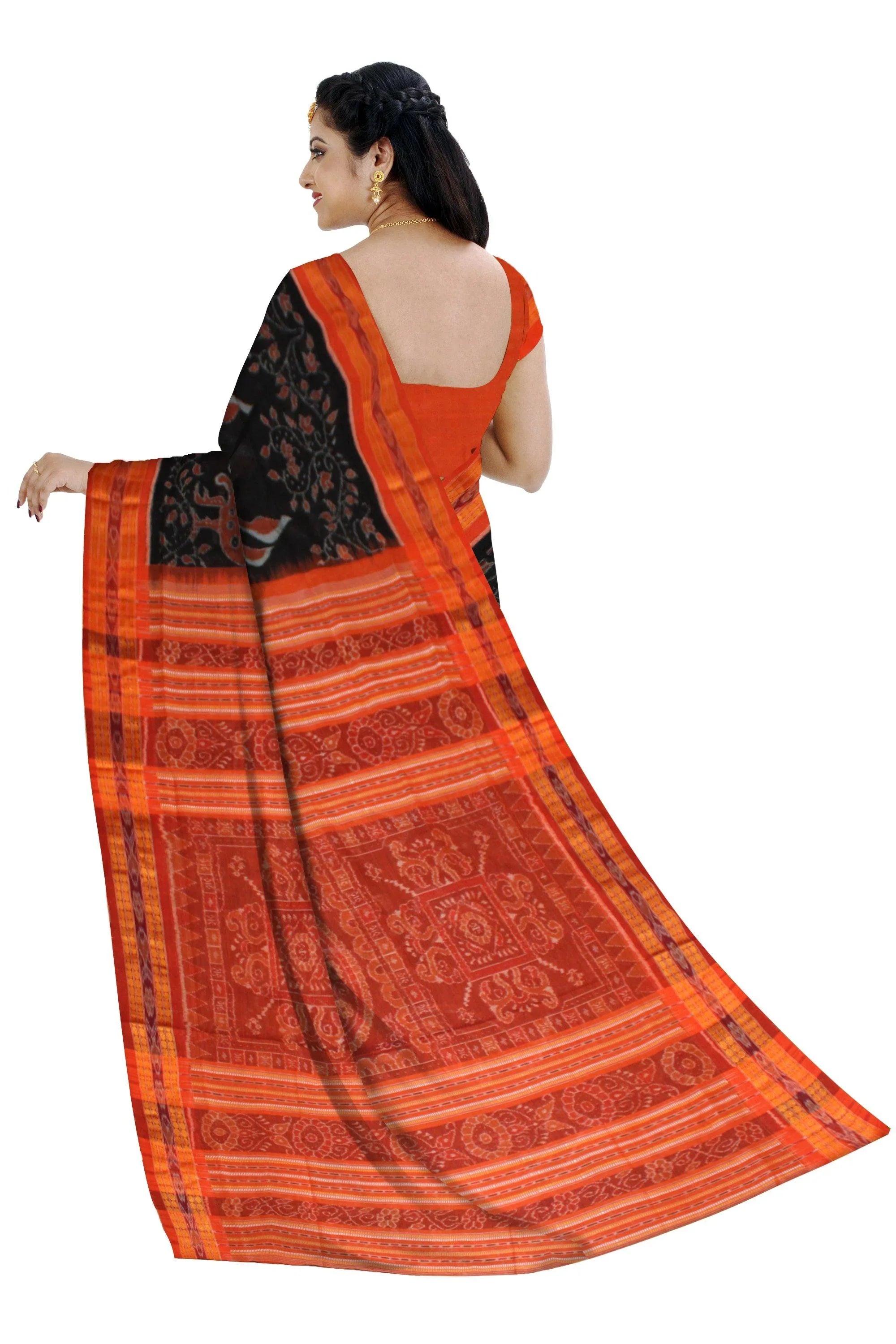 Mayuri print Black and orange color Sambalpuri Saree, With Blouse Piece. - Koshali Arts & Crafts Enterprise