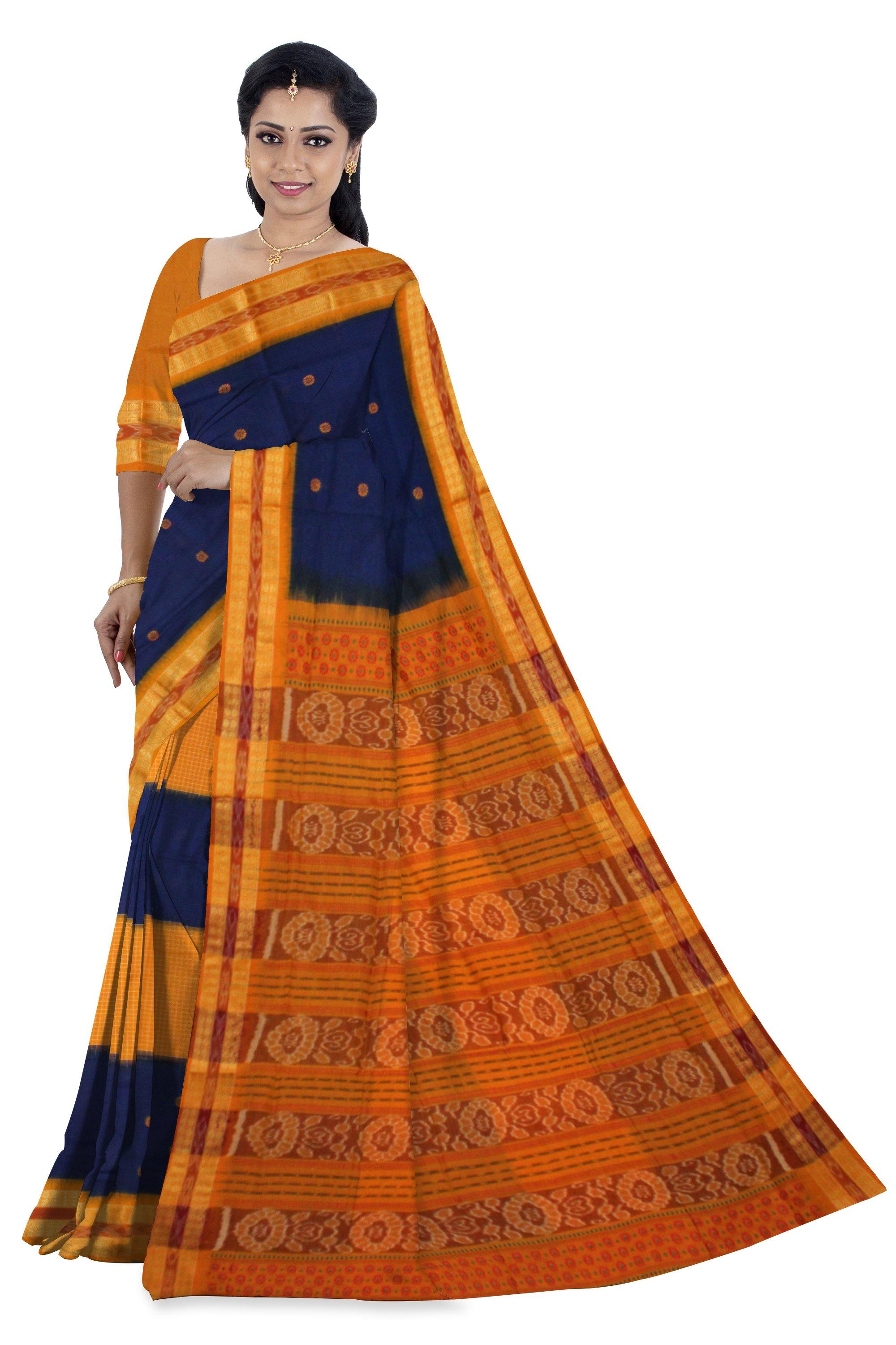 Exclusive Sambalpuri Blue and yellow color Saree With Flower Bomkei With Blouse Piece. - Koshali Arts & Crafts Enterprise