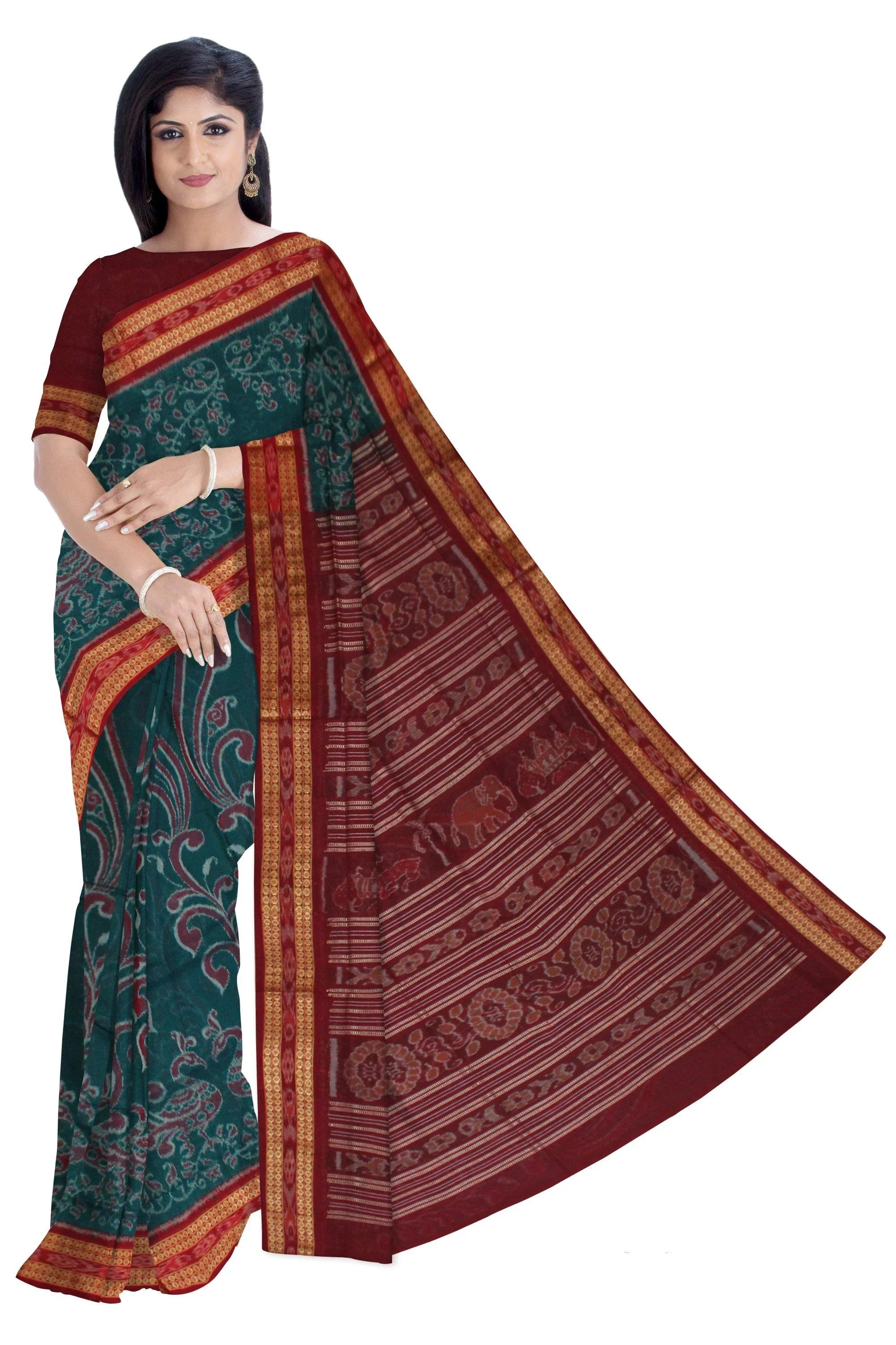 Peacock with Tree pattern sea green pure cotton saree, with matching blouse piece. - Koshali Arts & Crafts Enterprise