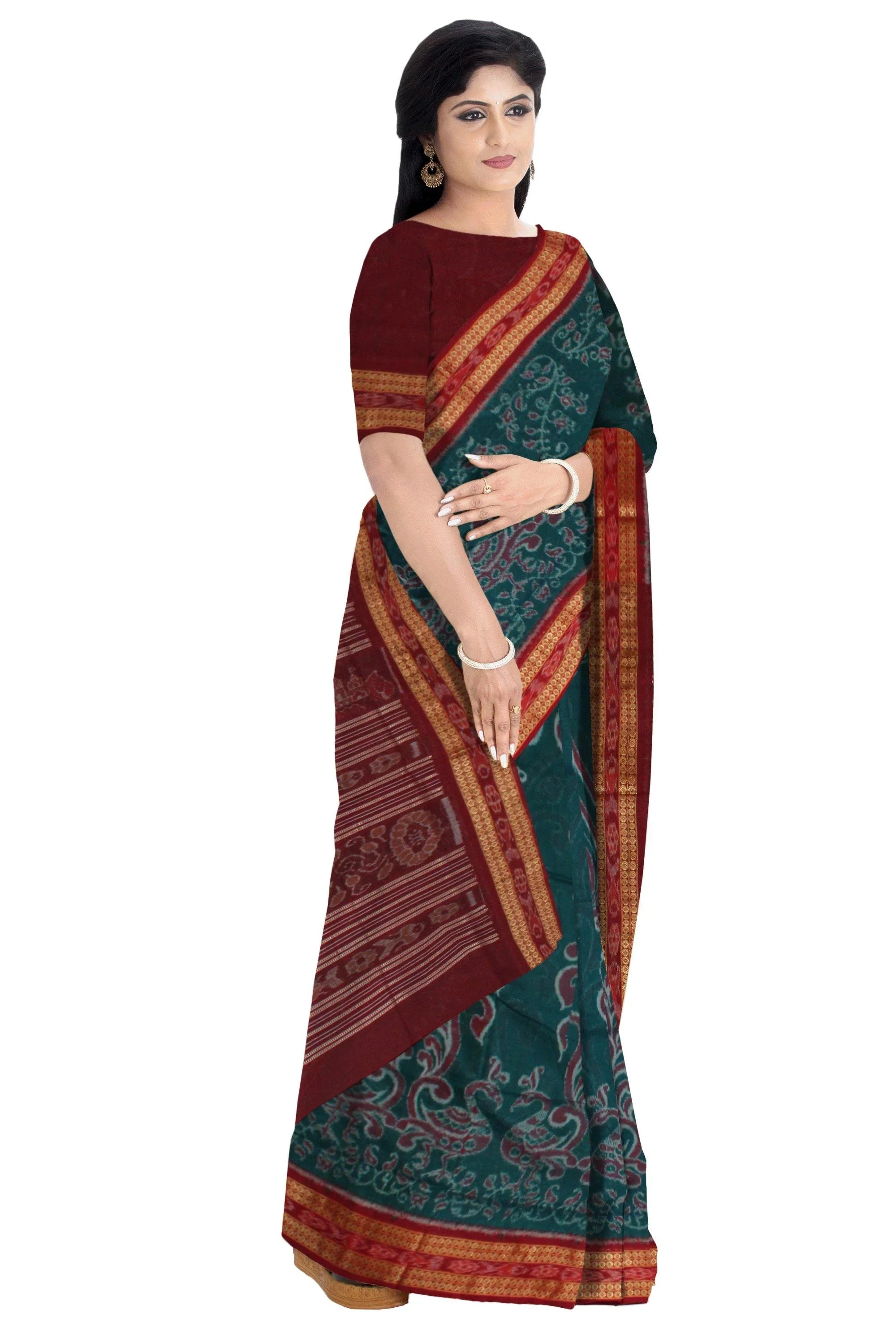 Peacock with Tree pattern sea green pure cotton saree, with matching blouse piece. - Koshali Arts & Crafts Enterprise