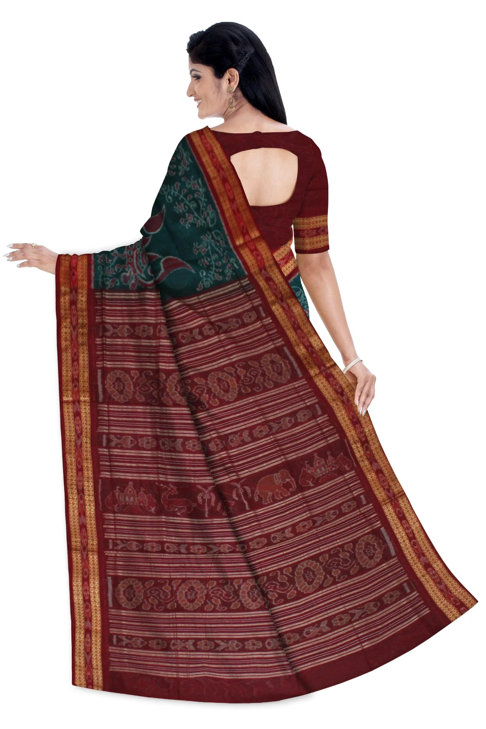 Peacock with Tree pattern sea green pure cotton saree, with matching blouse piece. - Koshali Arts & Crafts Enterprise