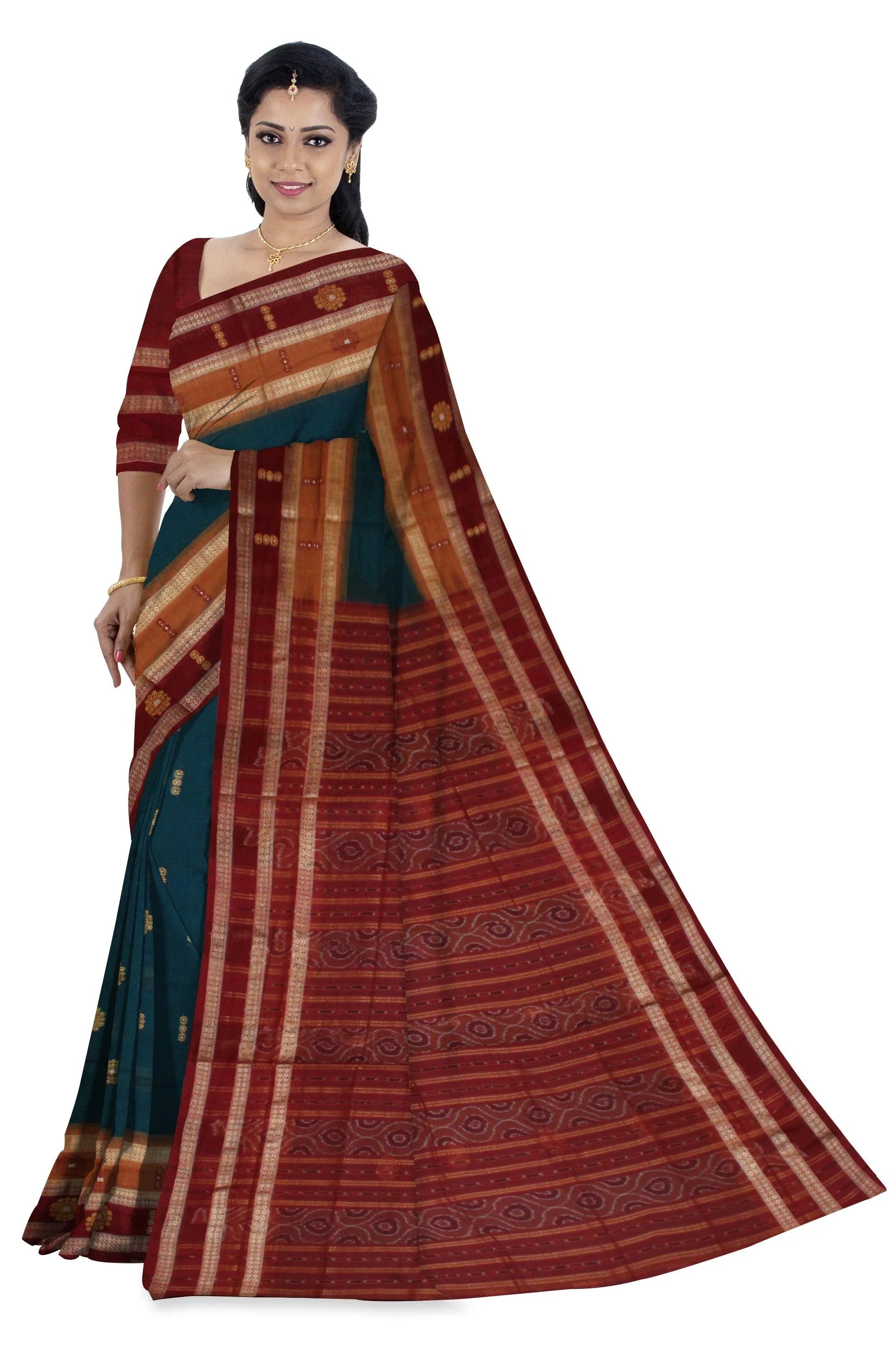 Sambalpuri Cotton Green color Saree with bomkei flower print ( with blouse piece) - Koshali Arts & Crafts Enterprise