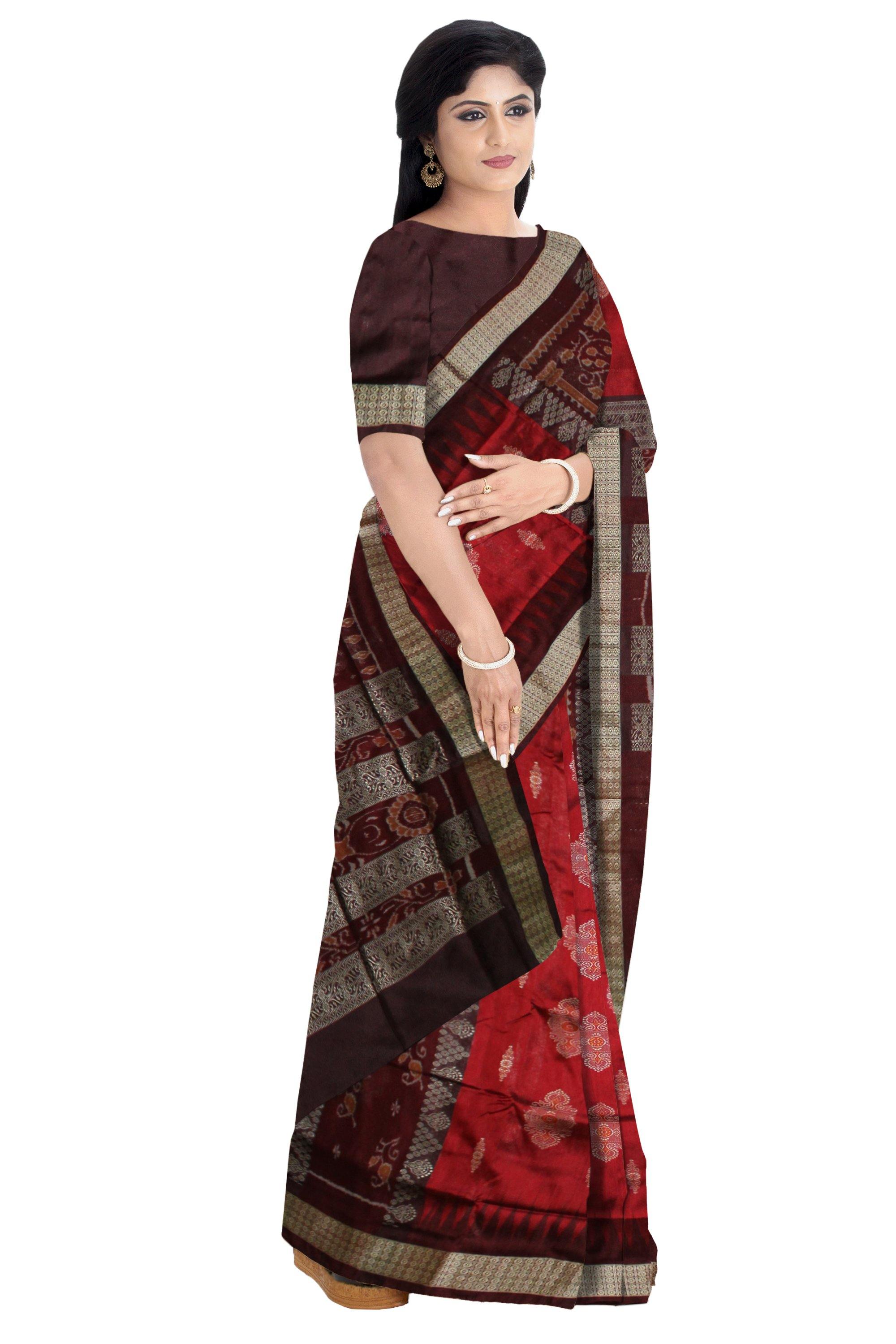 Sambalpuri Pata Saree in Red Color & Flower Bomkei with blouse Piece - Koshali Arts & Crafts Enterprise