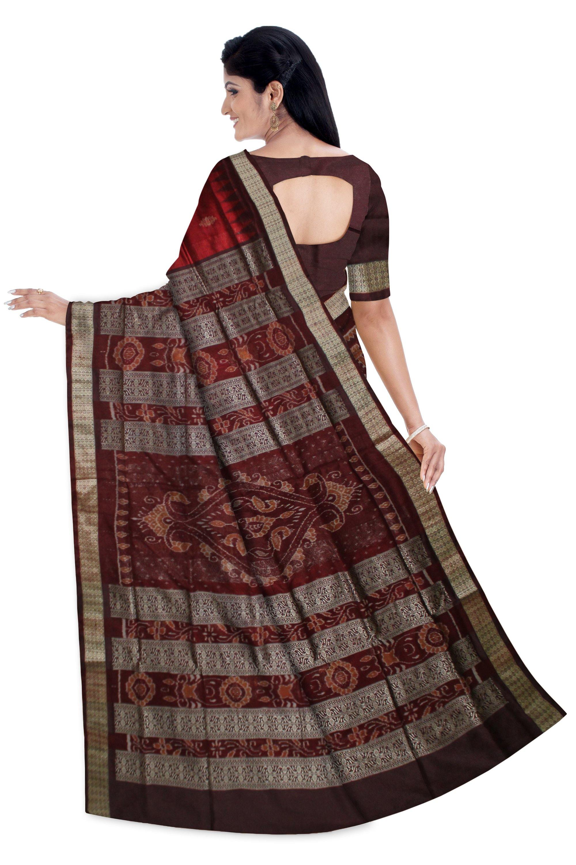 Sambalpuri Pata Saree in Red Color & Flower Bomkei with blouse Piece - Koshali Arts & Crafts Enterprise