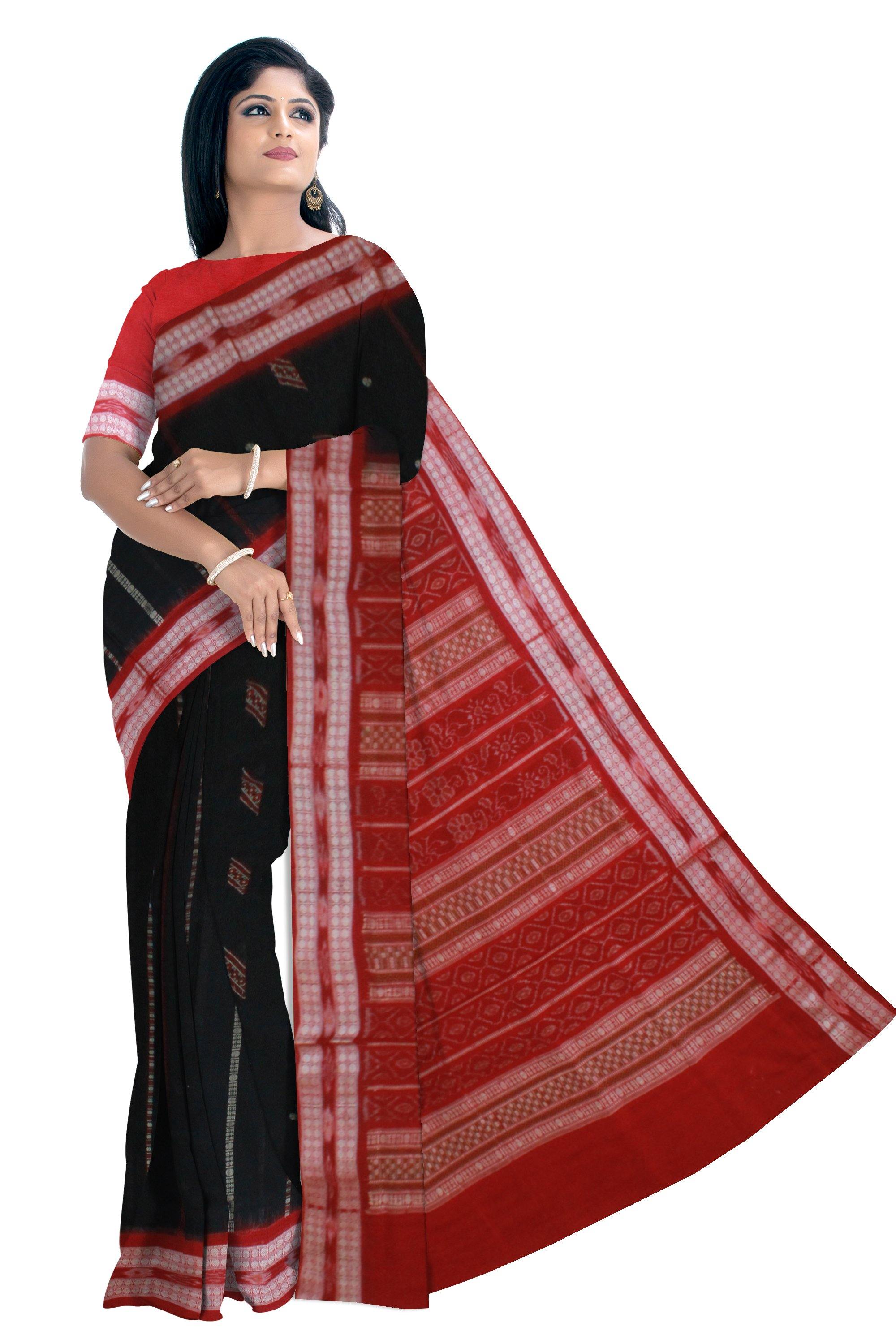 An authentic Sambalpuri bomkei pattern saree with blouse piece in black color - Koshali Arts & Crafts Enterprise