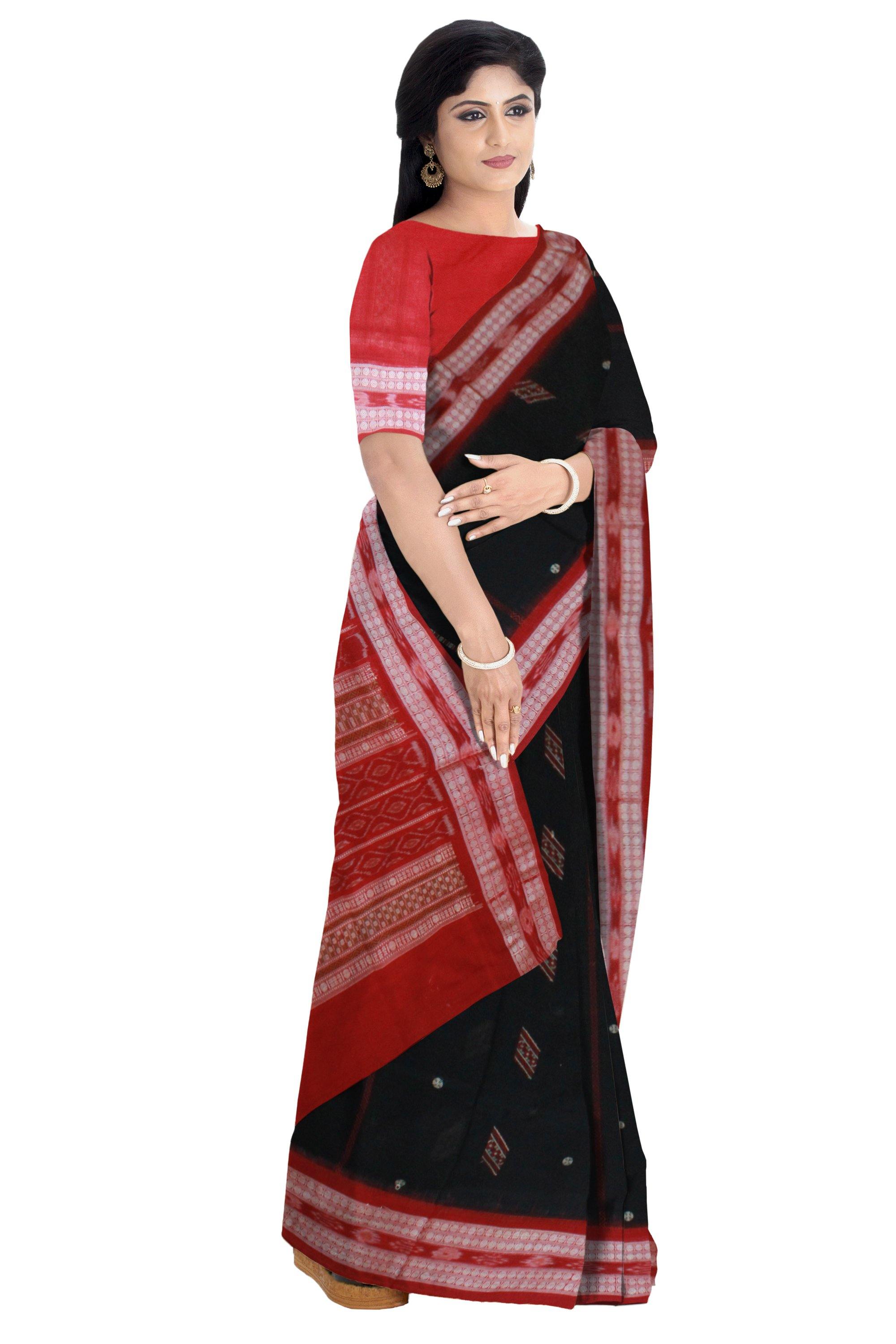 An authentic Sambalpuri bomkei pattern saree with blouse piece in black color - Koshali Arts & Crafts Enterprise