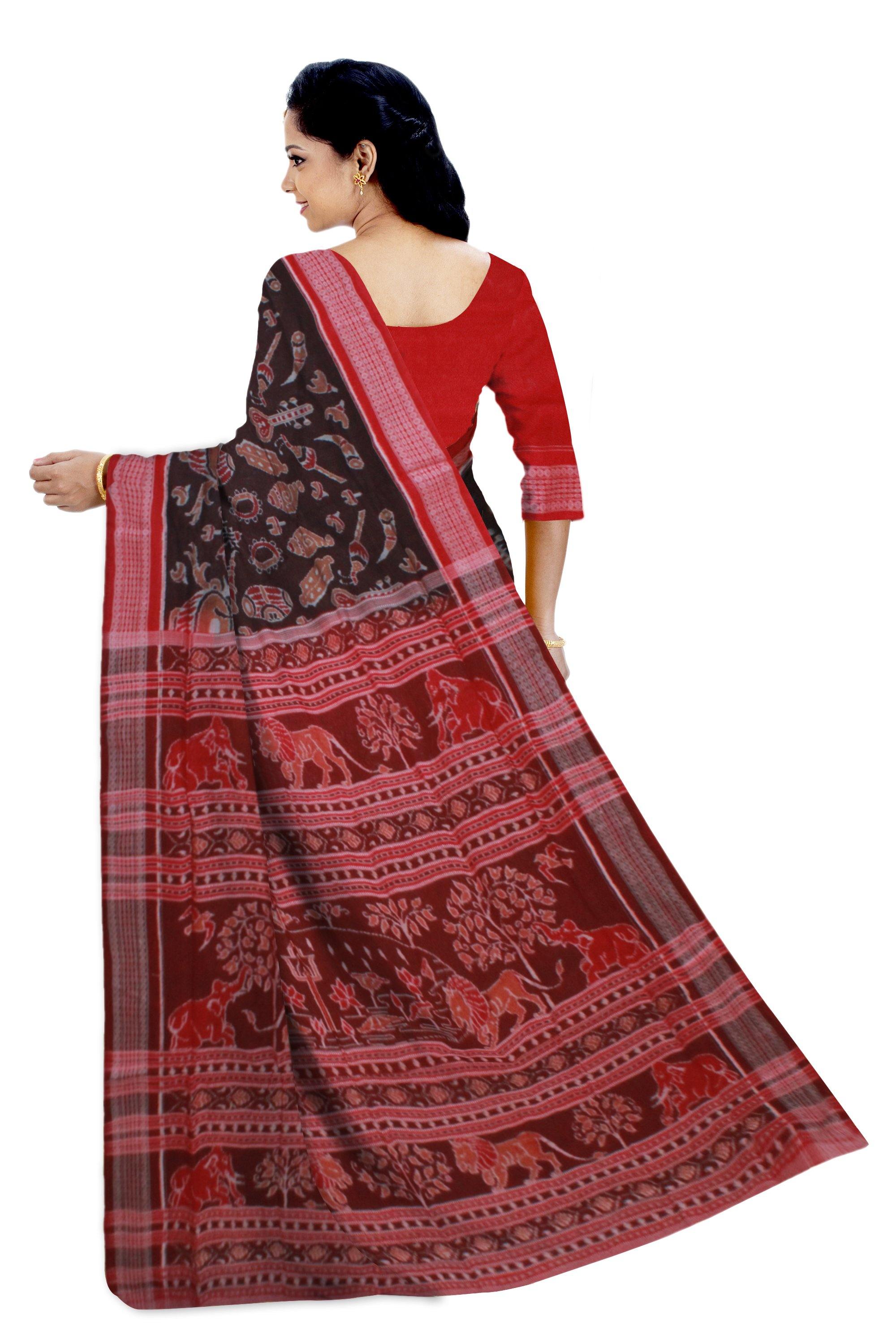 Brown color cotton Saree with Musical Instrument Design - Koshali Arts & Crafts Enterprise