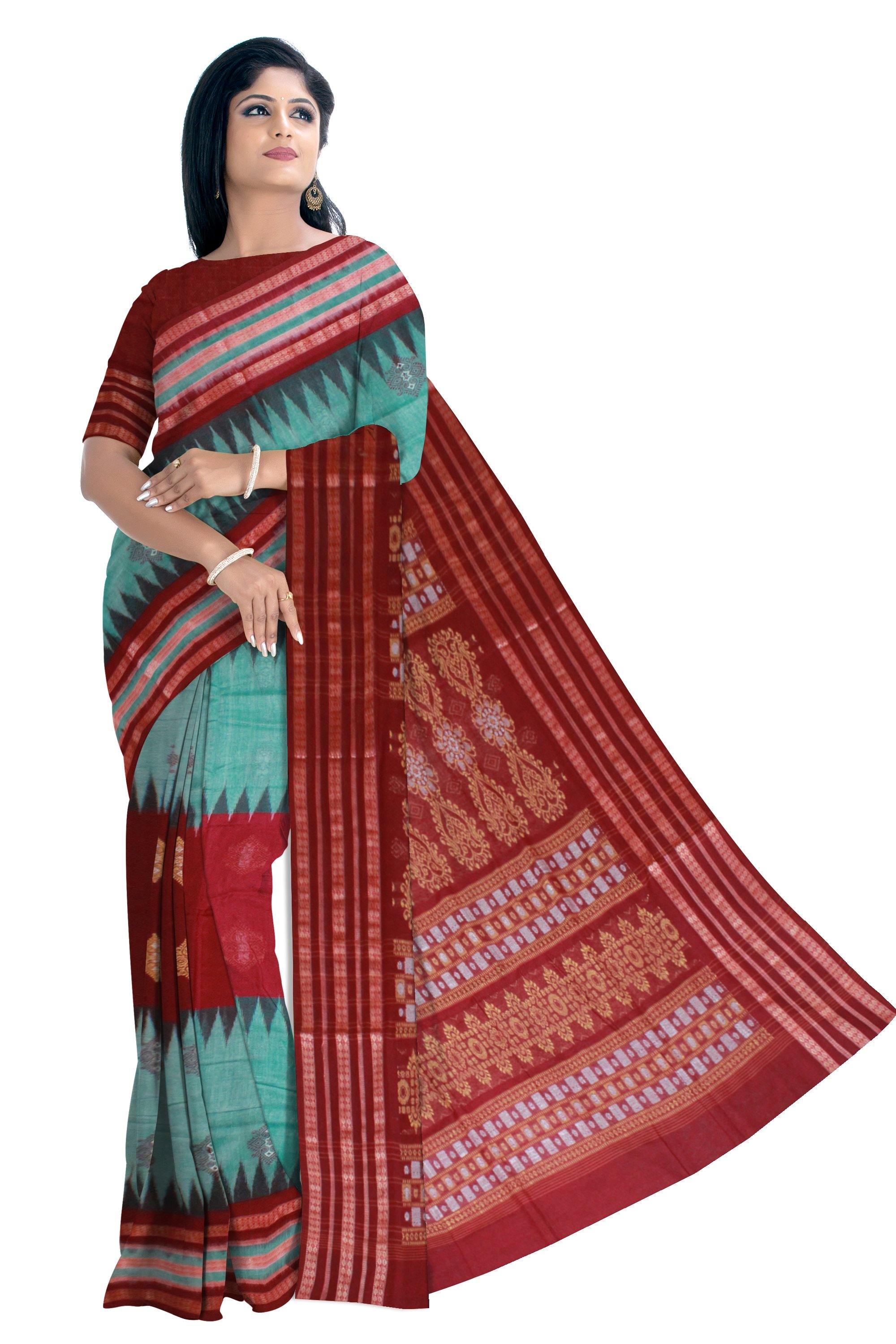 Sky Blue & Red mix Sambalpuri Latest Design saree with Small bomkei print with Blouse piece - Koshali Arts & Crafts Enterprise