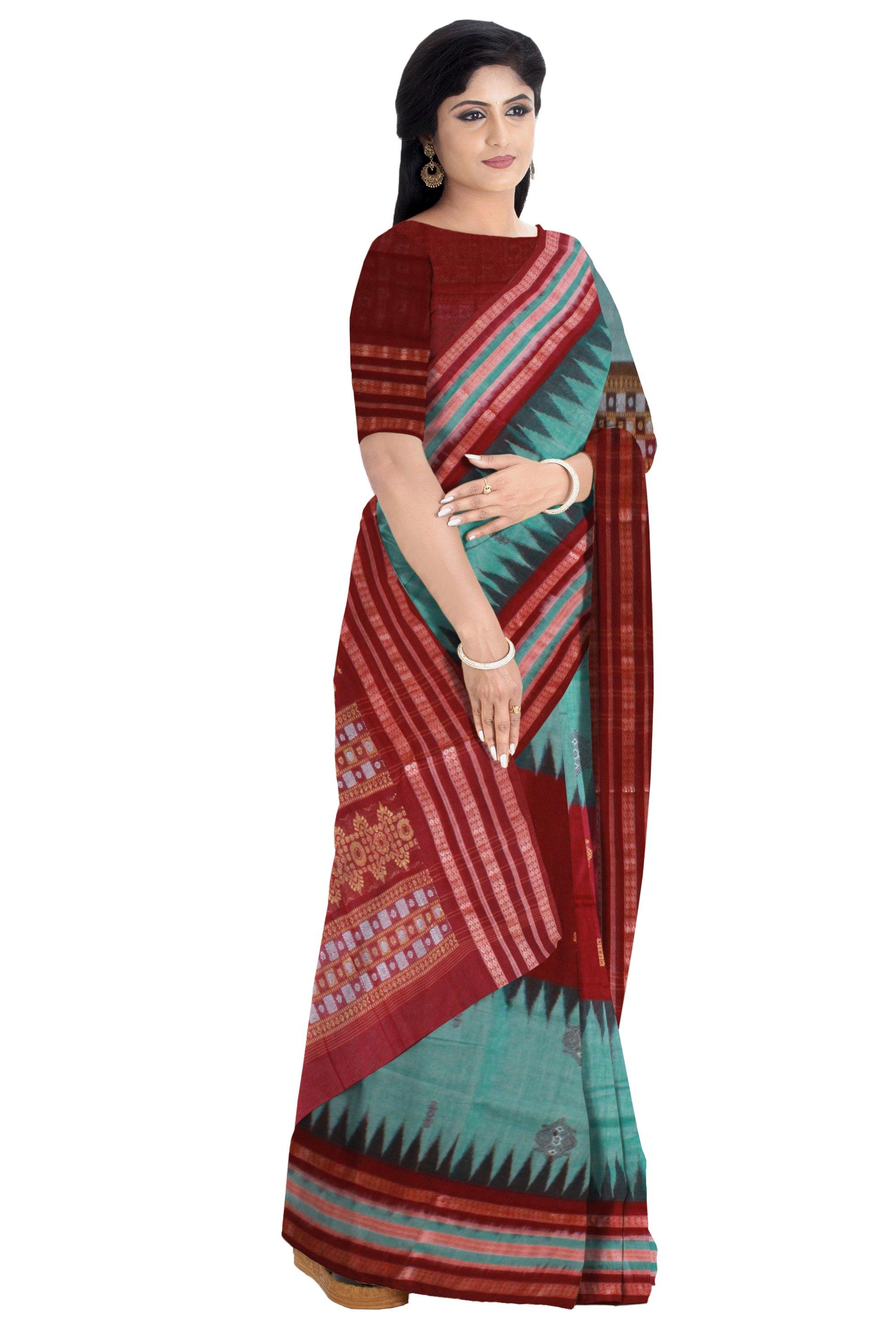 Sky Blue & Red mix Sambalpuri Latest Design saree with Small bomkei print with Blouse piece - Koshali Arts & Crafts Enterprise