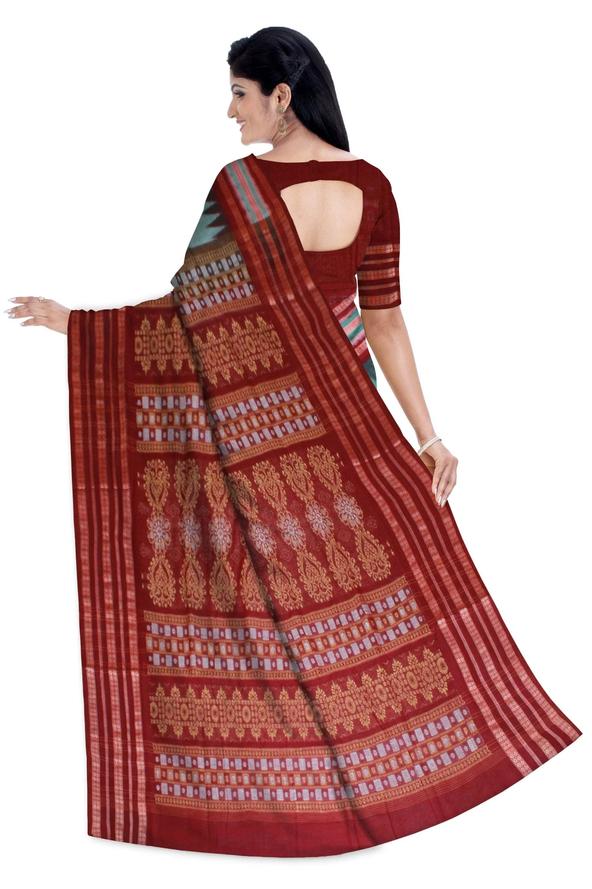 Sky Blue & Red mix Sambalpuri Latest Design saree with Small bomkei print with Blouse piece - Koshali Arts & Crafts Enterprise